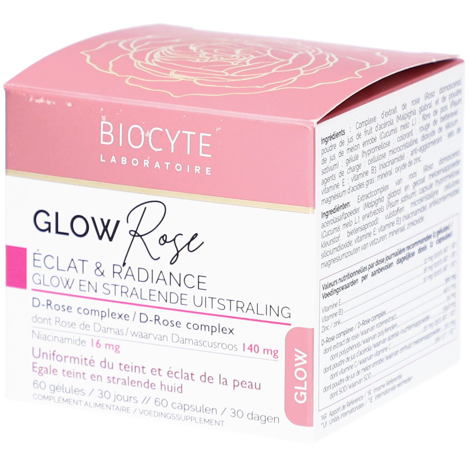 Boîte rose avec nom et détails du produit. Contient 60 gélules. Texte en français, néerlandais et anglais.