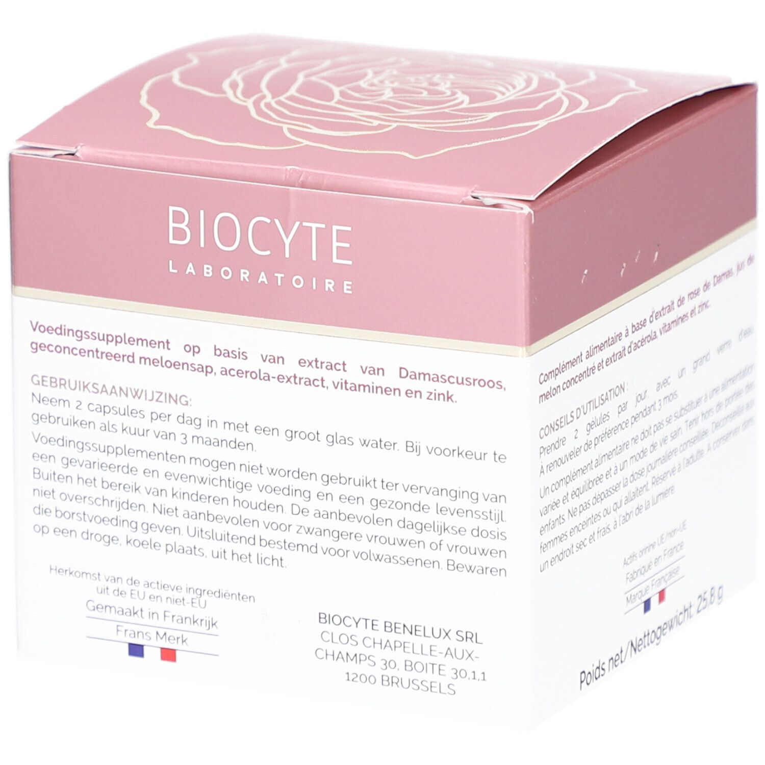 Boîte rose avec informations produit. Texte en français et néerlandais. Adresse du fabricant visible.