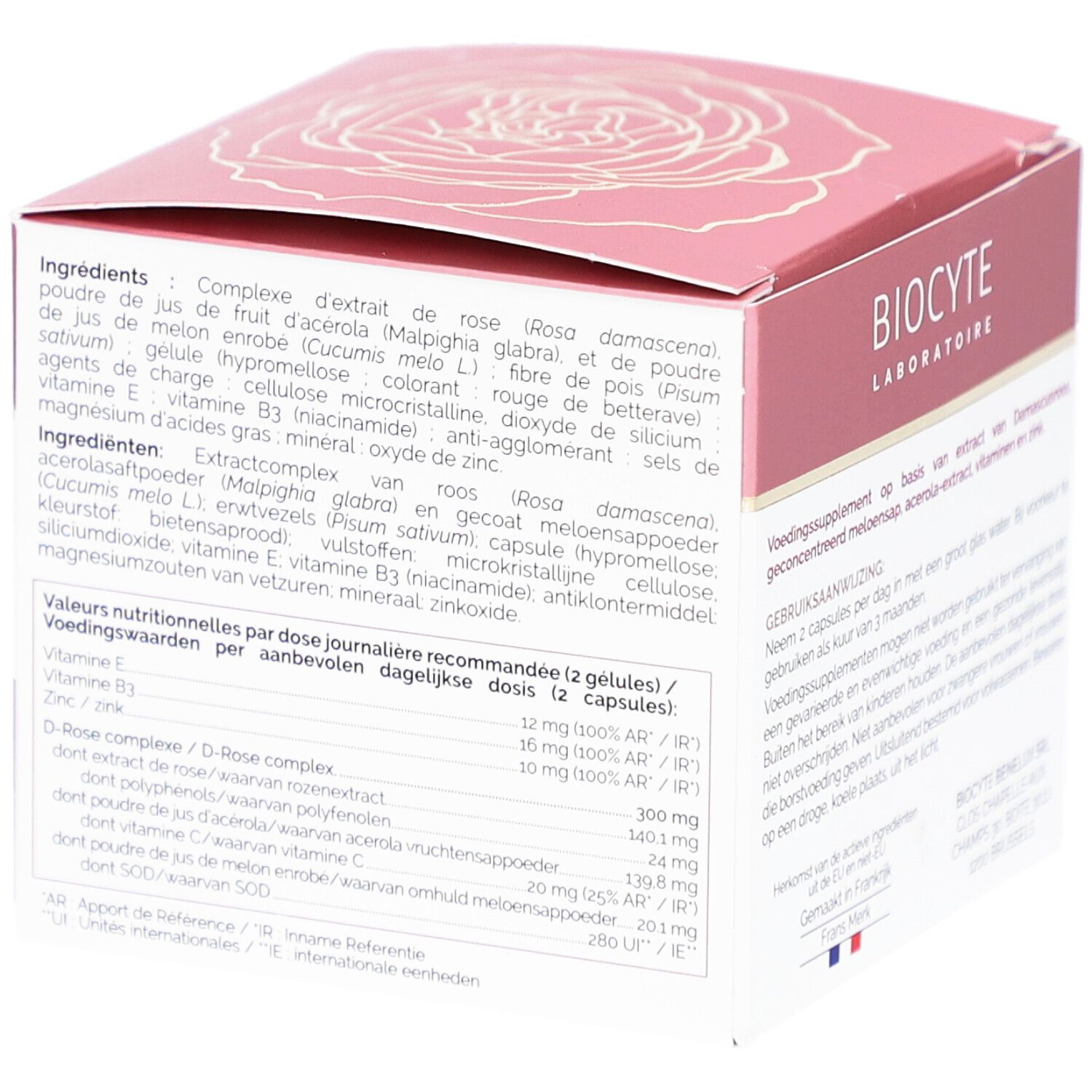 Boîte rose avec ingrédients et informations nutritionnelles. Texte en français et néerlandais. Contient vitamines et minéraux.