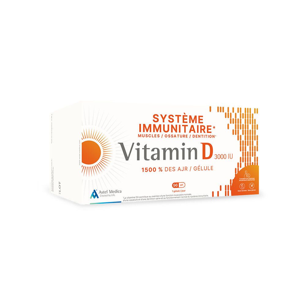Boîte blanche Astel Medica Vitamin D 3000 UI. Inscriptions : Vitamin D, 3000 UI, 96 gélules, Système Immunitaire.