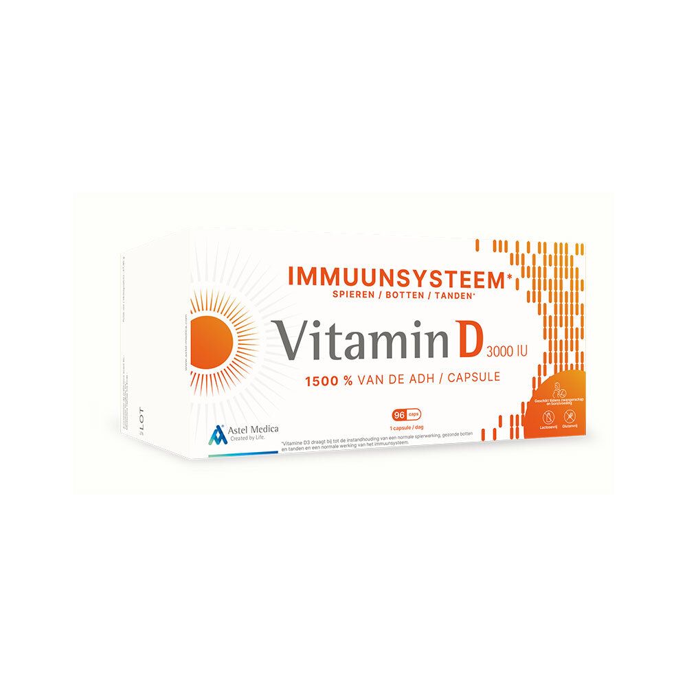 Witte doos Astel Medica Vitamine D 3000 IE. Opschriften: Vitamine D, 3000 IE, 96 capsules, Immunsysteem.
