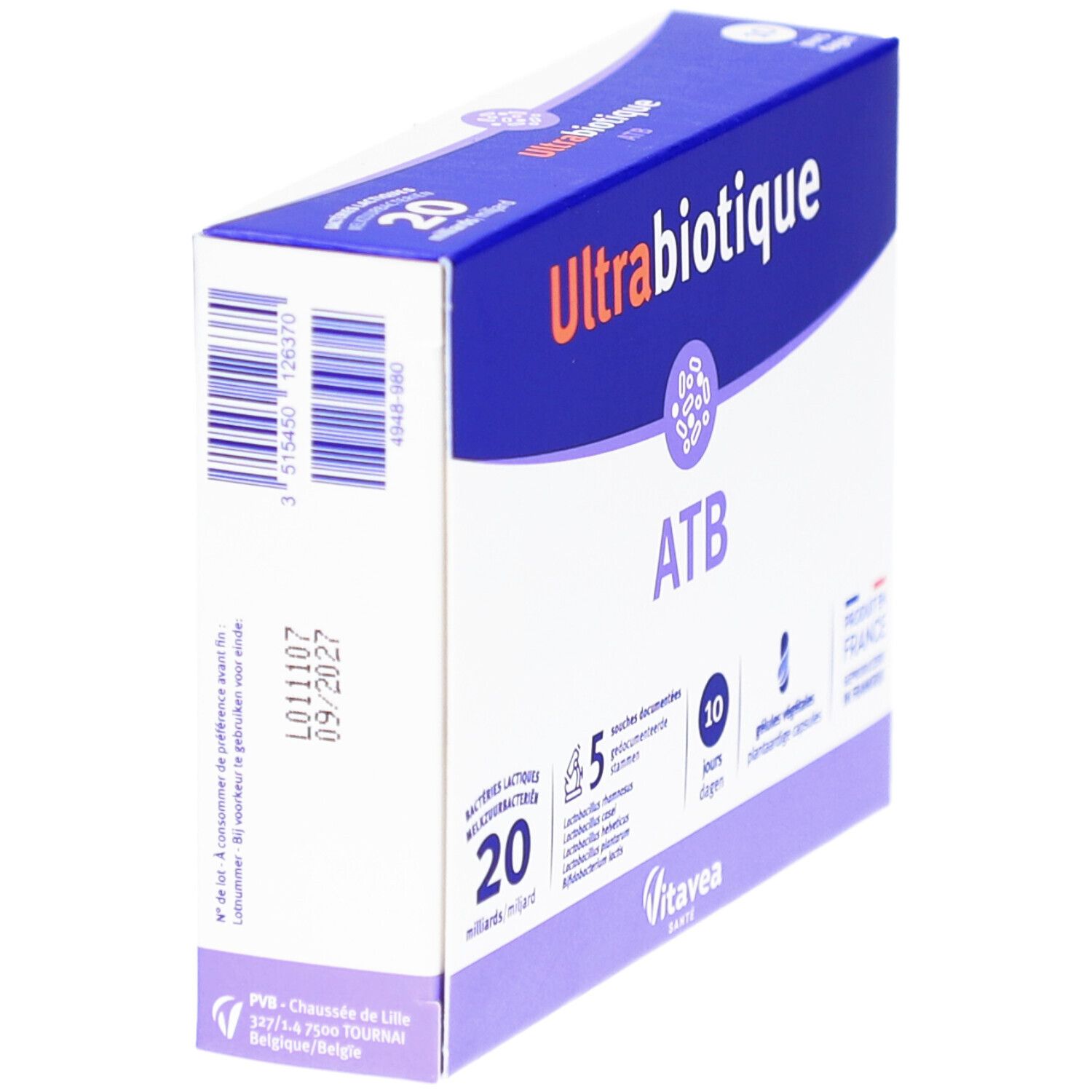Doos Ultrabiotique ATB, zijaanzicht. Streepjescode en vervaldatum. Tekst: 20 miljard bacteriën, 5 stammen, 10 dagen. Vitavea Santé.