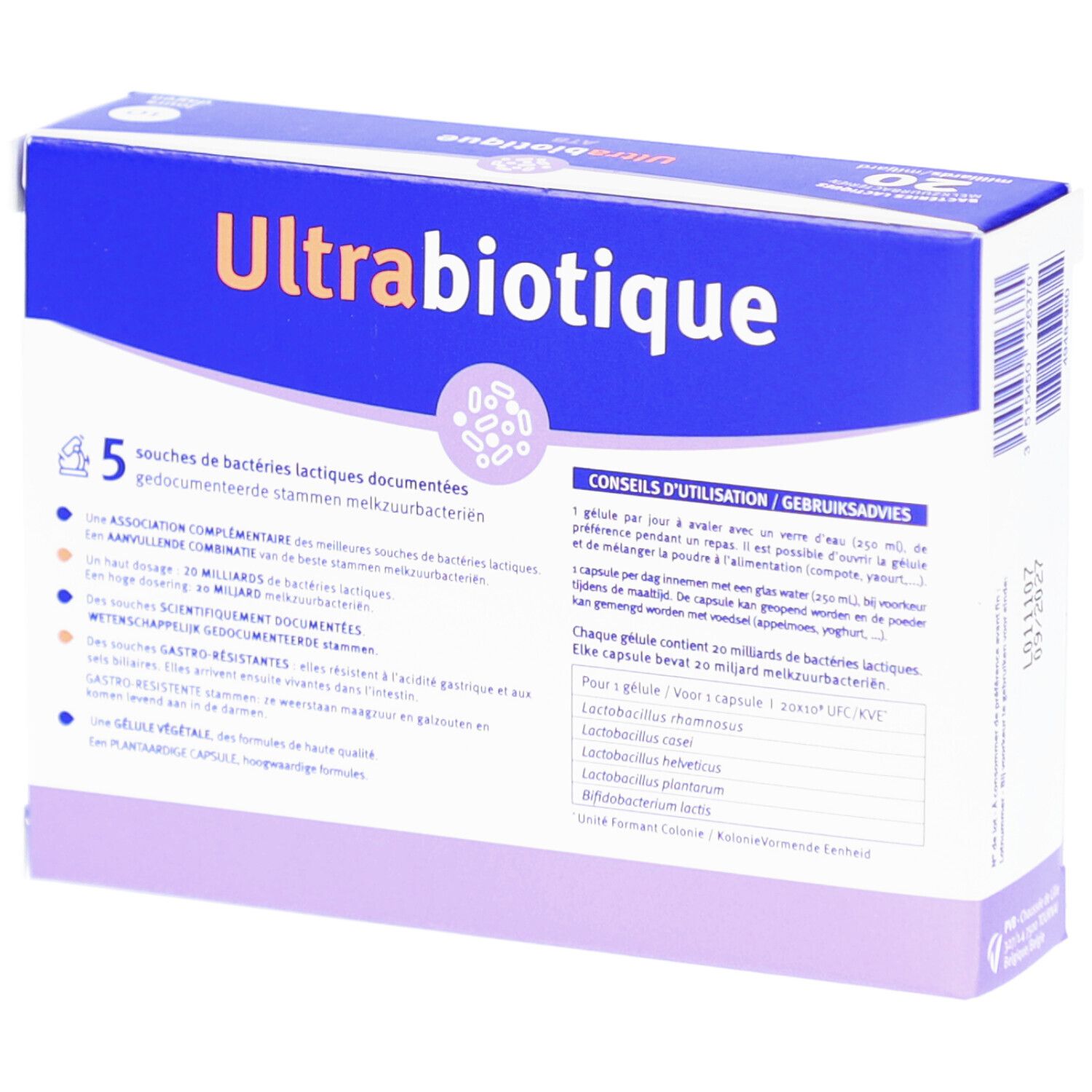Doos Ultrabiotique ATB, achterkant. Tekst: 20 miljard bacteriën, 5 stammen, gebruiksaanwijzing. Vitavea Santé. Geproduceerd in Frankrijk.