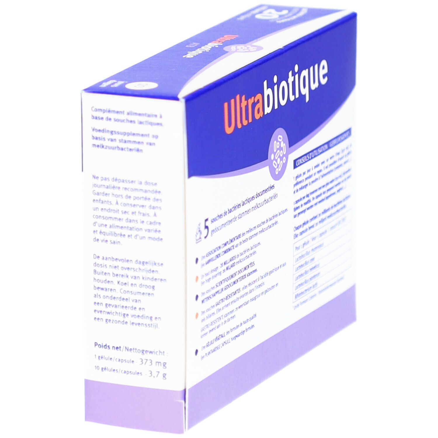 Doos Ultrabiotique ATB, zijaanzicht. Tekst: 20 miljard bacteriën, 5 stammen, gebruiksaanwijzing. Vitavea Santé. Geproduceerd in Frankrijk.