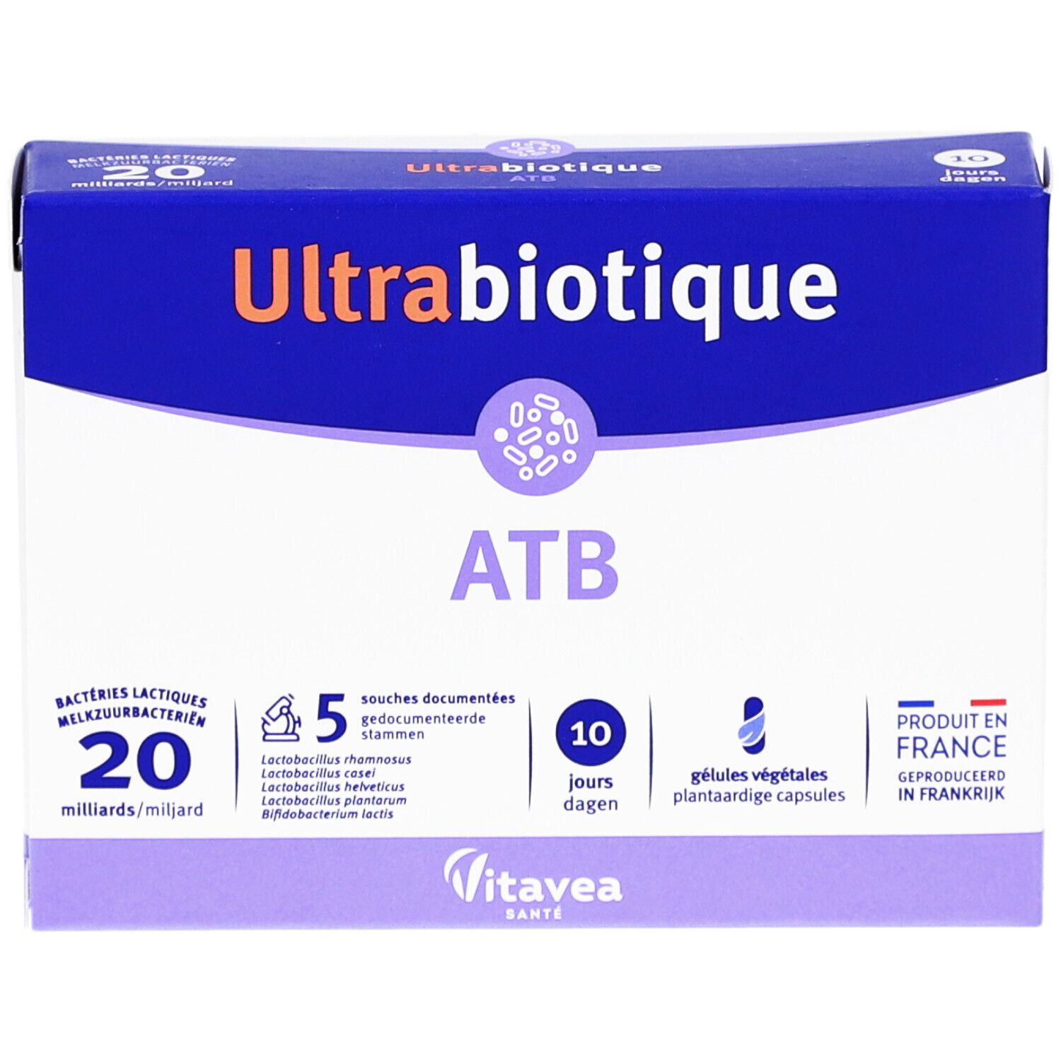 Blauw-witte doos Ultrabiotique ATB. Bevat 10 capsules. Tekst: 20 miljard bacteriën, 5 stammen, 10 dagen. Vitavea Santé. Geproduceerd in Frankrijk.