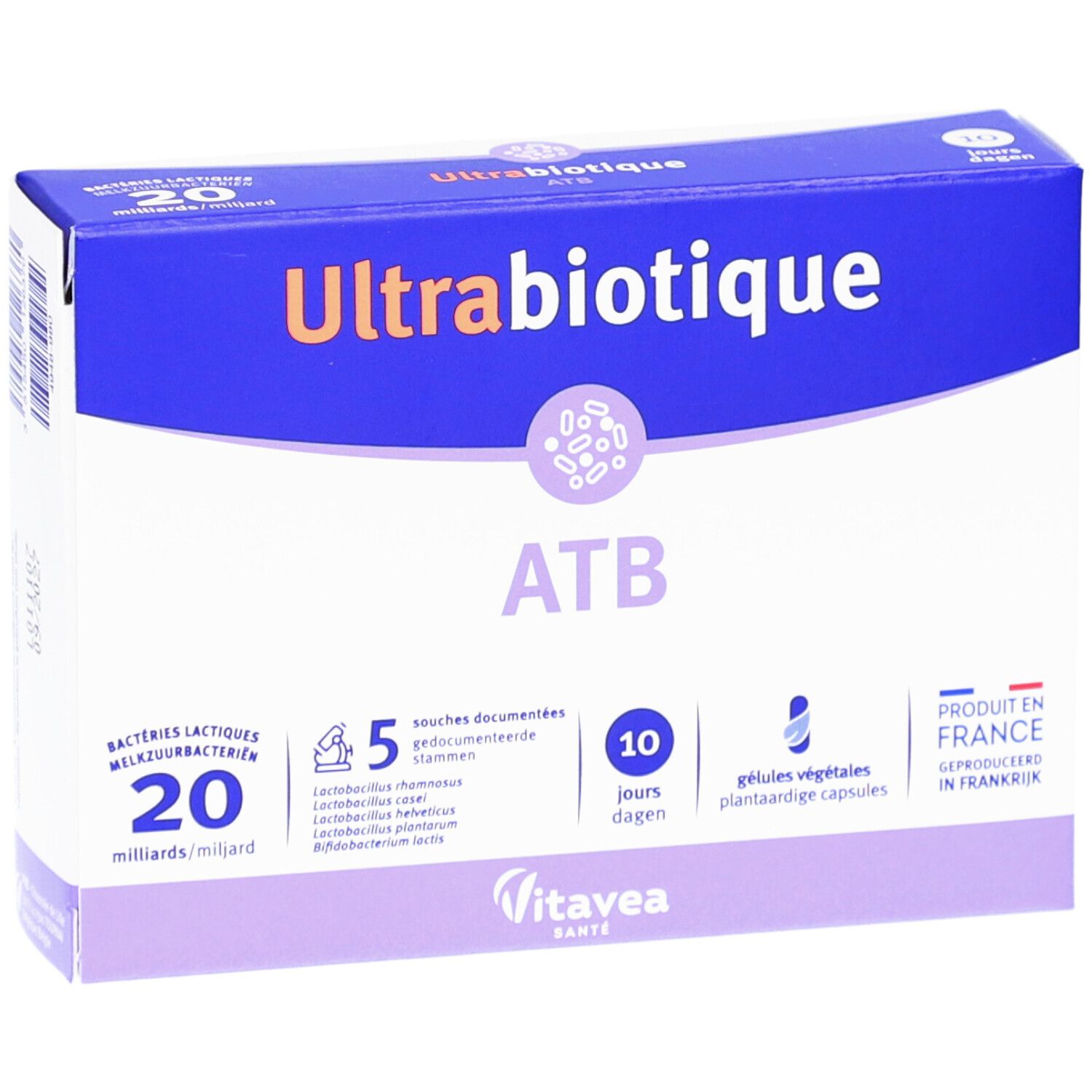 Blauw-witte doos Ultrabiotique ATB. Bevat 10 capsules. Tekst: 20 miljard bacteriën, 5 stammen, 10 dagen. Vitavea Santé. Geproduceerd in Frankrijk.
