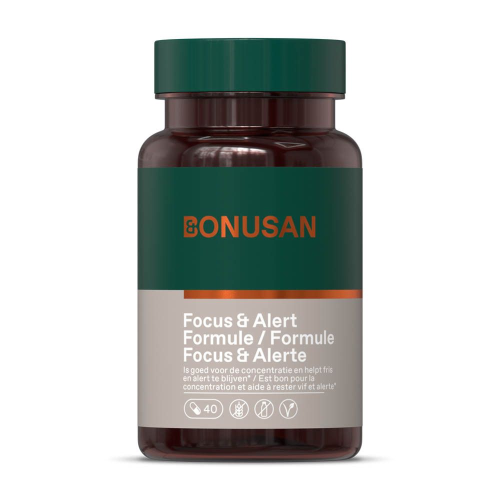 Bonusan Focus & Alert Formule fles. Groen-wit etiket. Bevat 40 capsules. Groene dop.