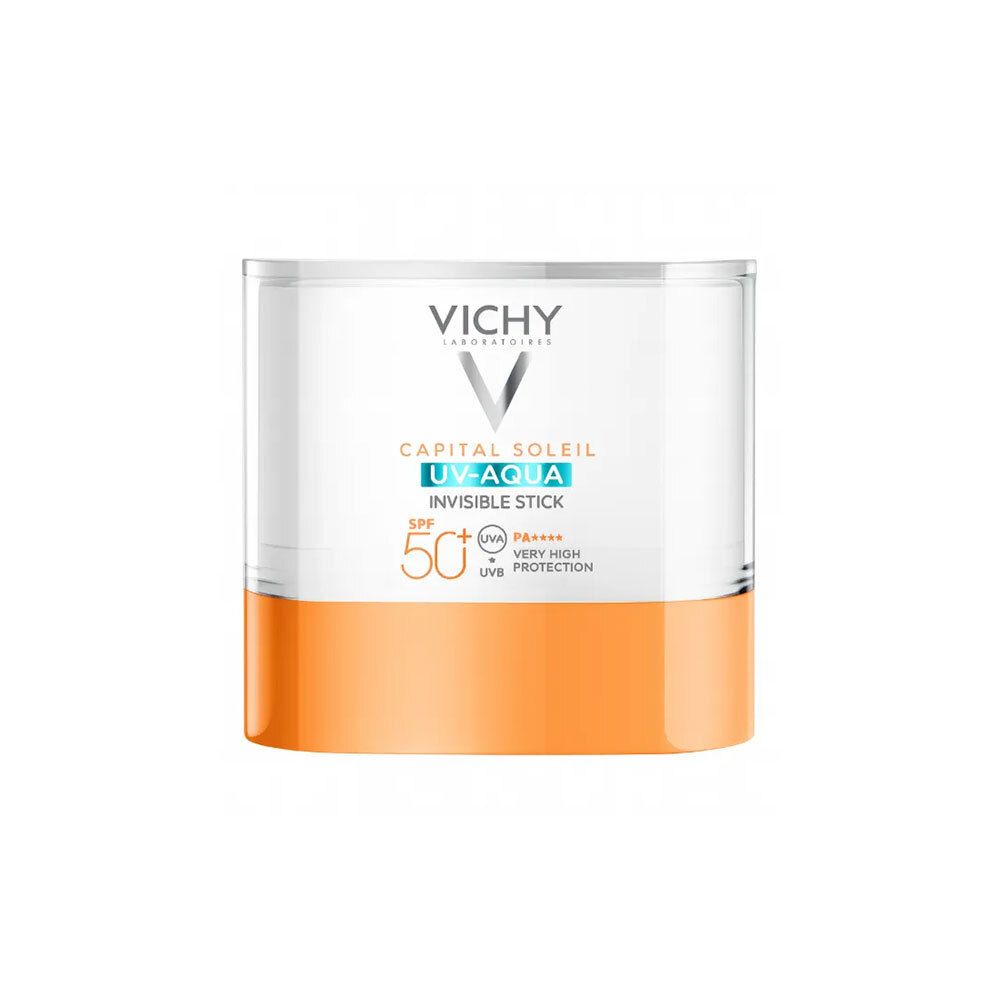 Stick solaire en emballage blanc et orange. Visible : marque Vichy, UV Aqua, SPF 50+, très haute protection.