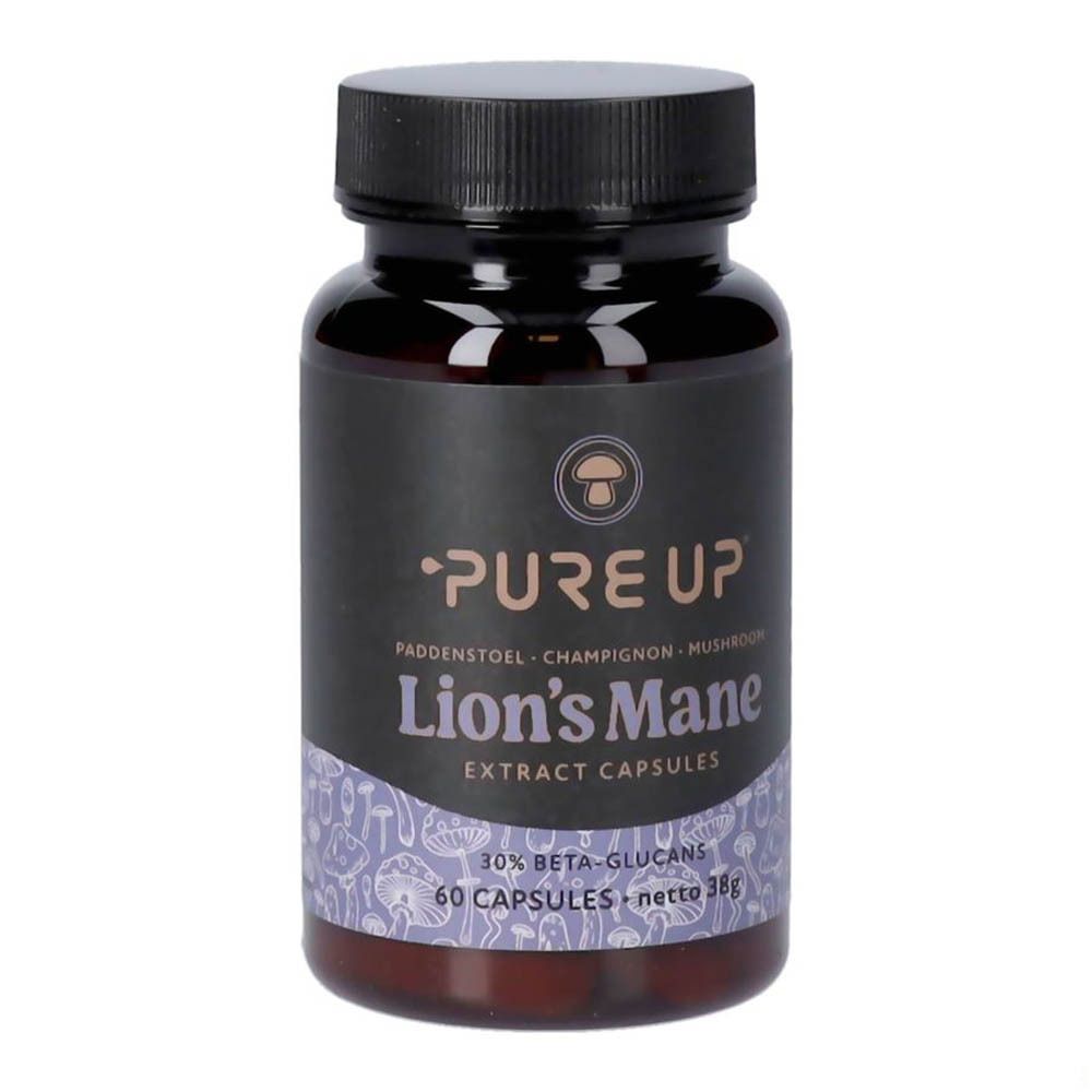 Bruine capsulefles met zwarte dop. Opschrift: Pure Up Lion's Mane. 60 capsules.