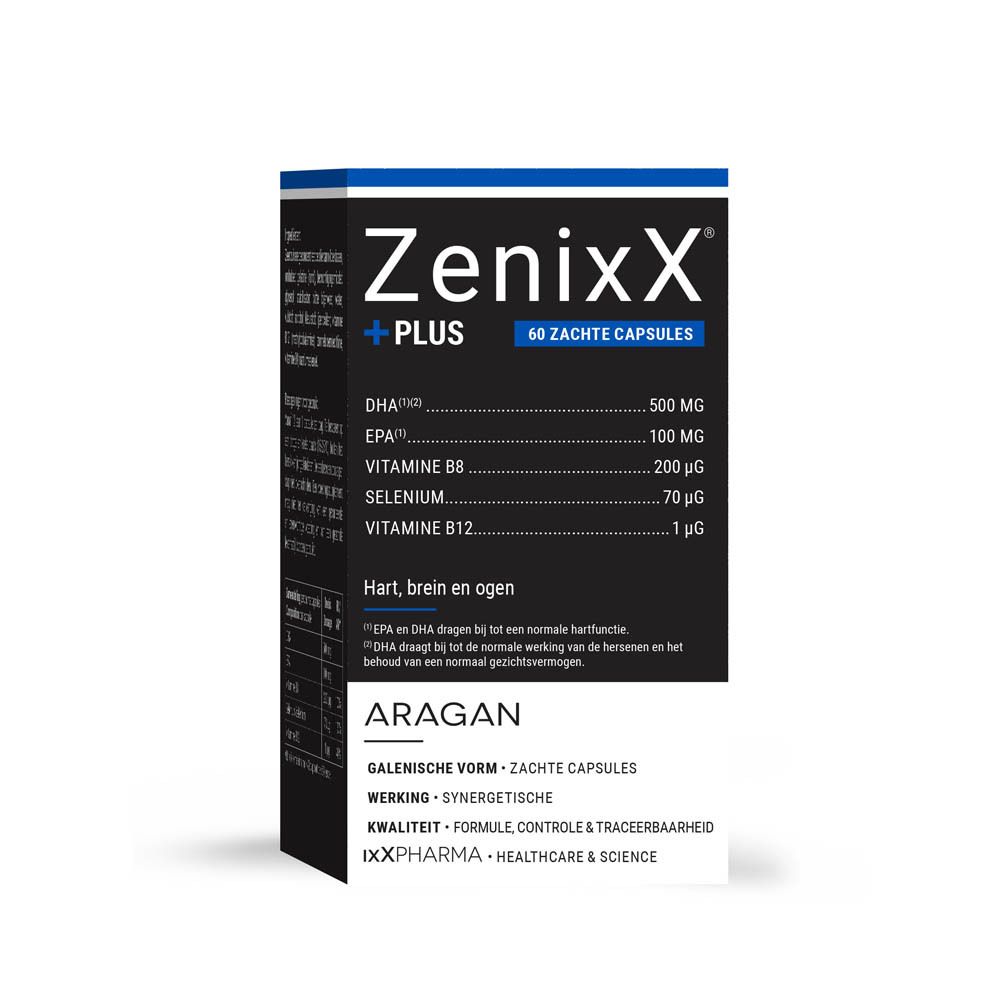 Productverpakking met doos. Opschrift: Zenixx PLUS, 60 capsules. Ingrediënten vermeld.