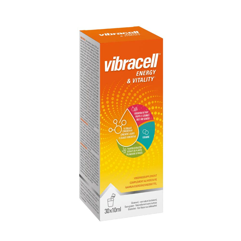 Productverpakking met "Vibracell Energy & Vitality". Design met logo's en tekst. 30x10ml. Zonder gluten, lactosevrij.