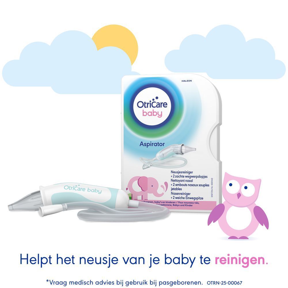 OtriCare baby Aspirator en accessoires. Product naast verpakking. Roze olifant illustratie.