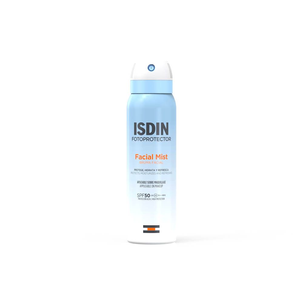 Flacon spray bleu clair avec tête blanche. Inscription ISDIN Fotoprotector Facial Mist SPF50. Texte orange.