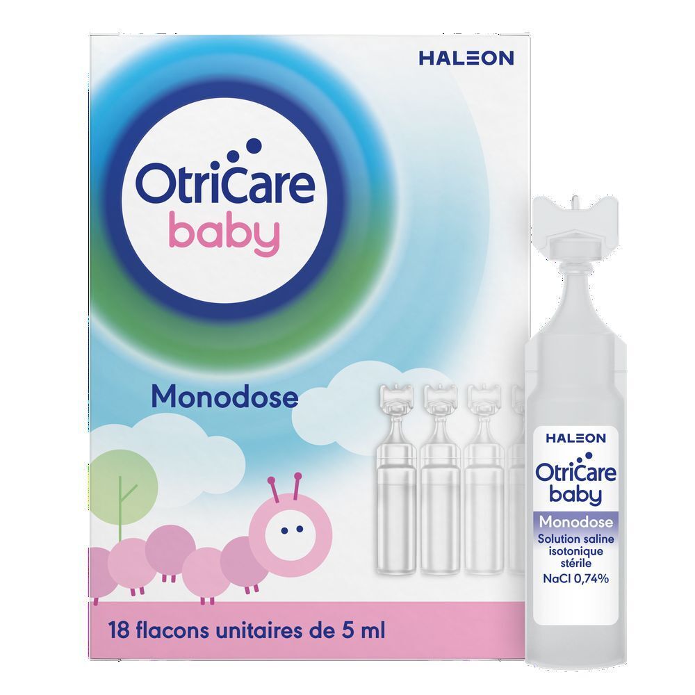Boîte OtriCare Baby Monodose et flacons. Solution saline isotonique.