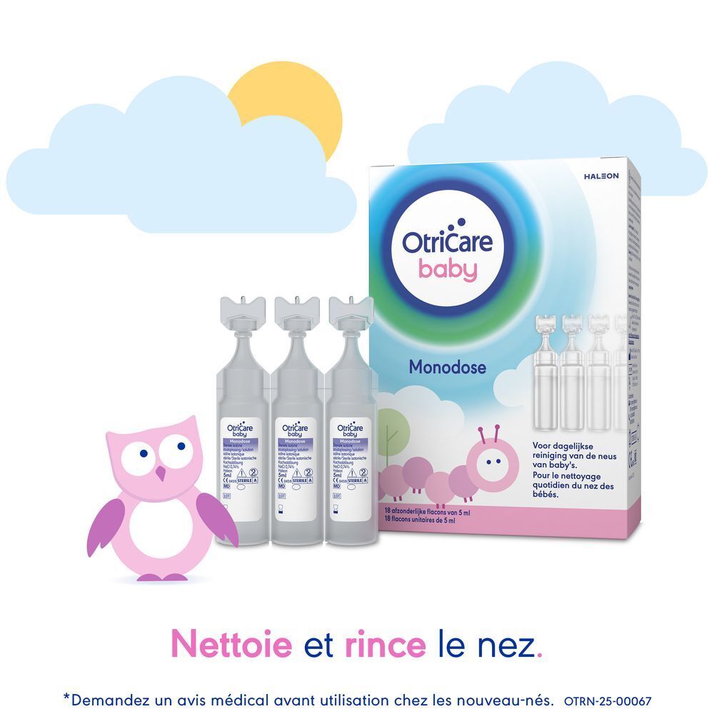 Scène avec nuages, soleil et hibou. Boîte OtriCare Baby Monodose et flacons.