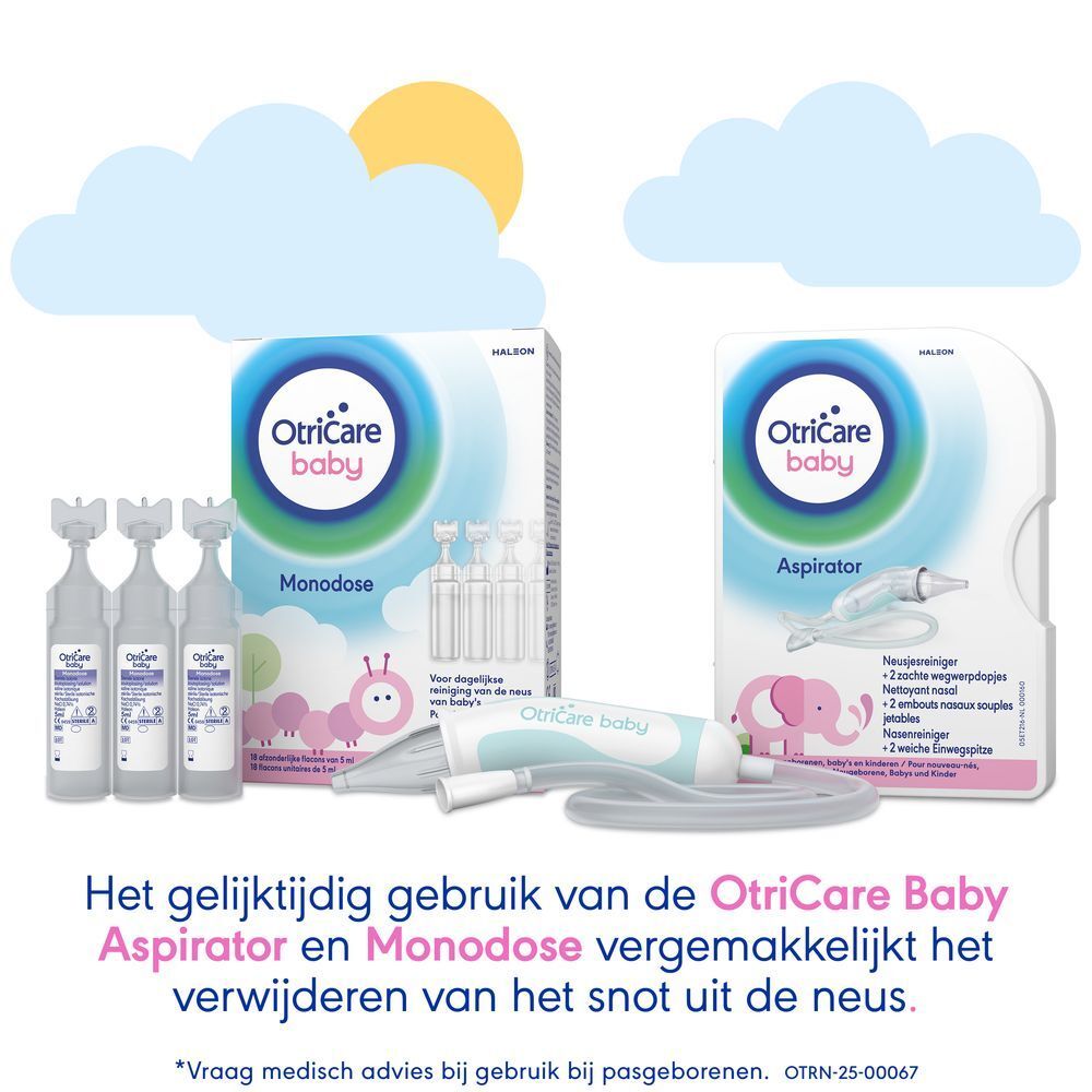Scène met wolken, zon. OtriCare Baby Monodose en aspirator. Tekst: Gebruik.