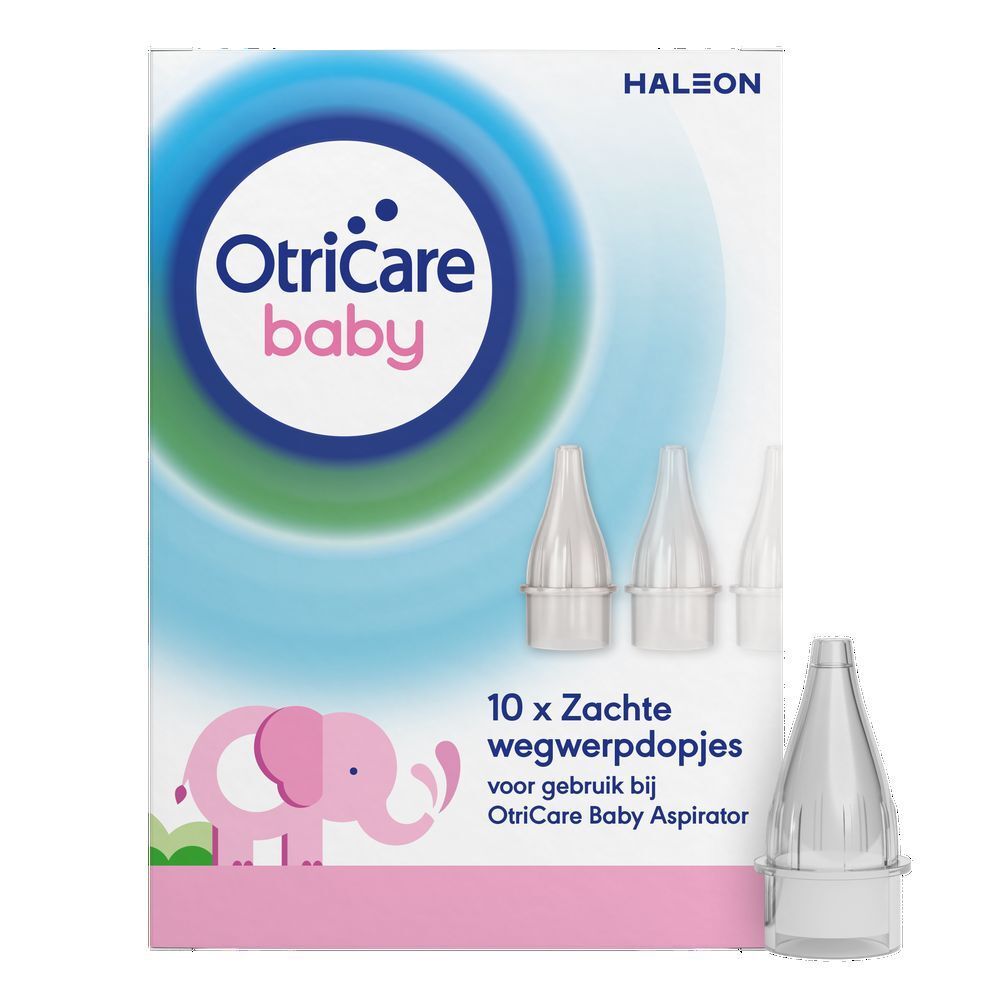 OtriCare Baby verpakking met neusstukken. Roze olifant logo. Tekst: Ontwikkeld om het neusje van je baby te reinigen.