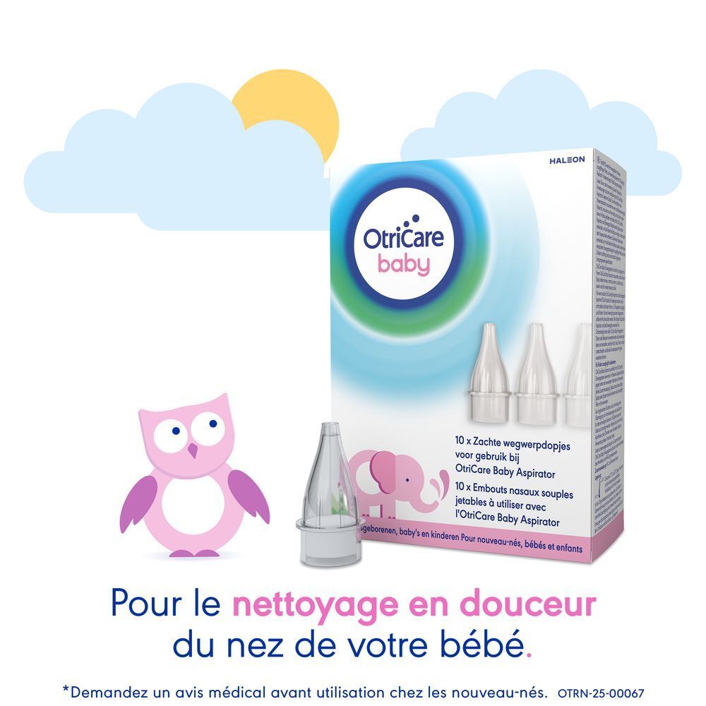 Un homme tient un bébé dans un lit bébé. Texte: L'élimination du mucus nasal aide votre bébé à dormir normalement.