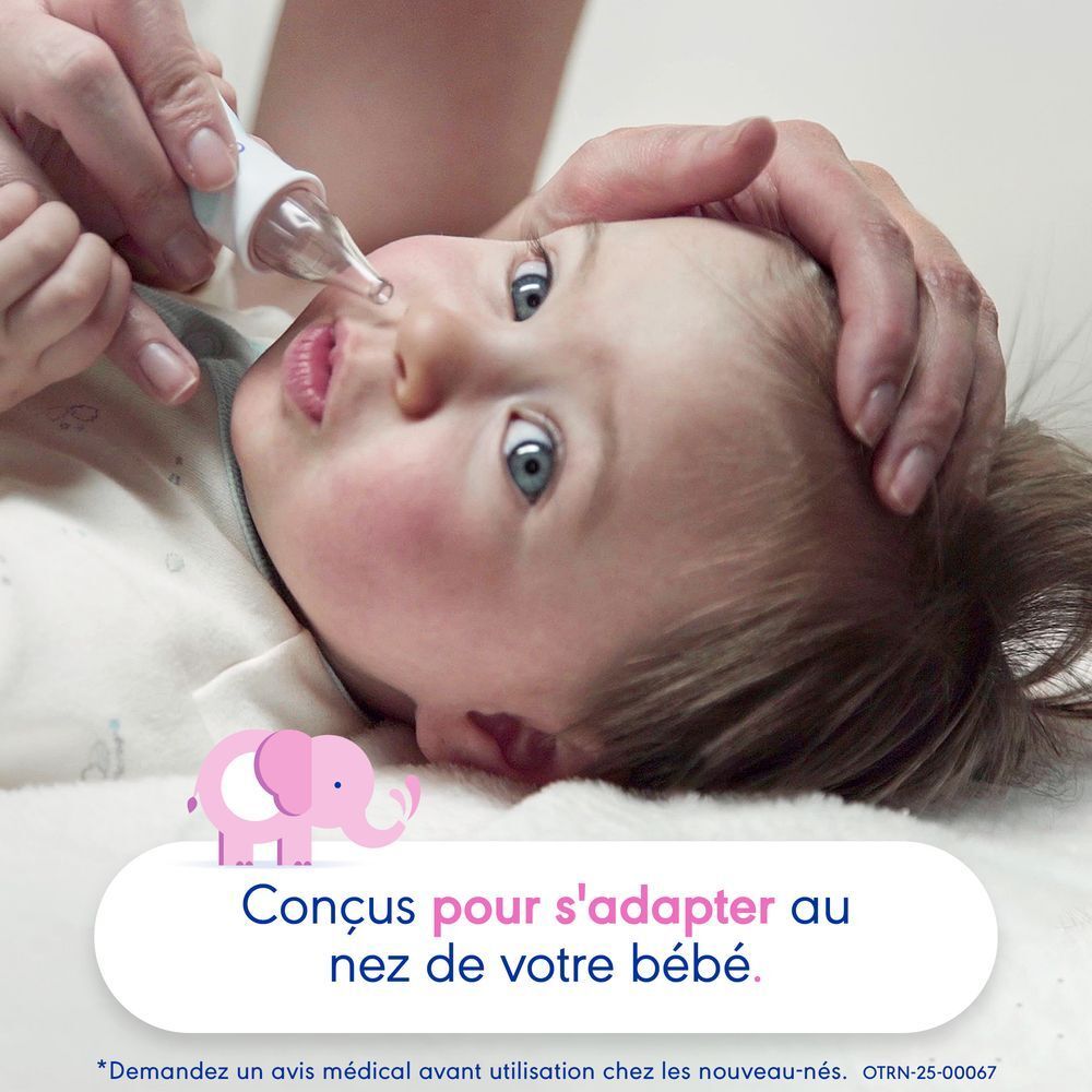 Un bébé reçoit un embout nasal. Texte: Simple et hygiénique d'utilisation.