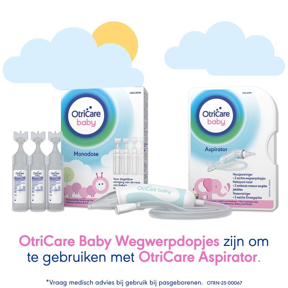 OtriCare Baby verpakking met neusstukken. Roze olifant logo. Tekst: Ontwikkeld om het neusje van je baby te reinigen.