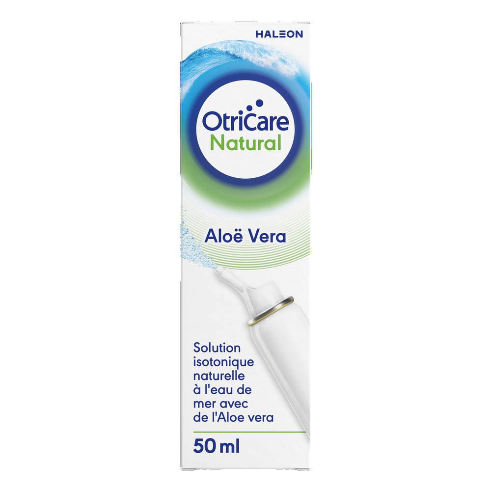 Emballage du produit. Inscription : OtriCare Natural Aloe vera. 50 ml. Illustration du spray.