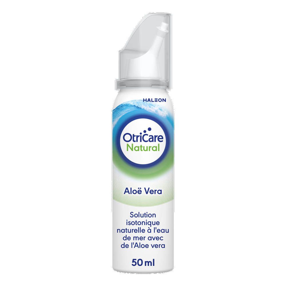 Emballage et flacon de spray nasal. Inscription : OtriCare Natural Aloe vera. 50 ml.