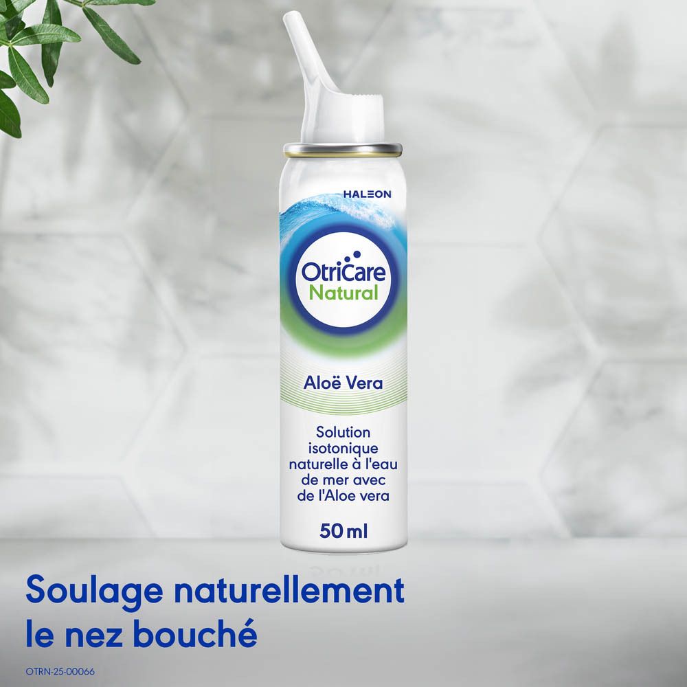Spray nasal. OtriCare Natural Aloe Vera. Texte: Soulage naturellement le nez bouché.