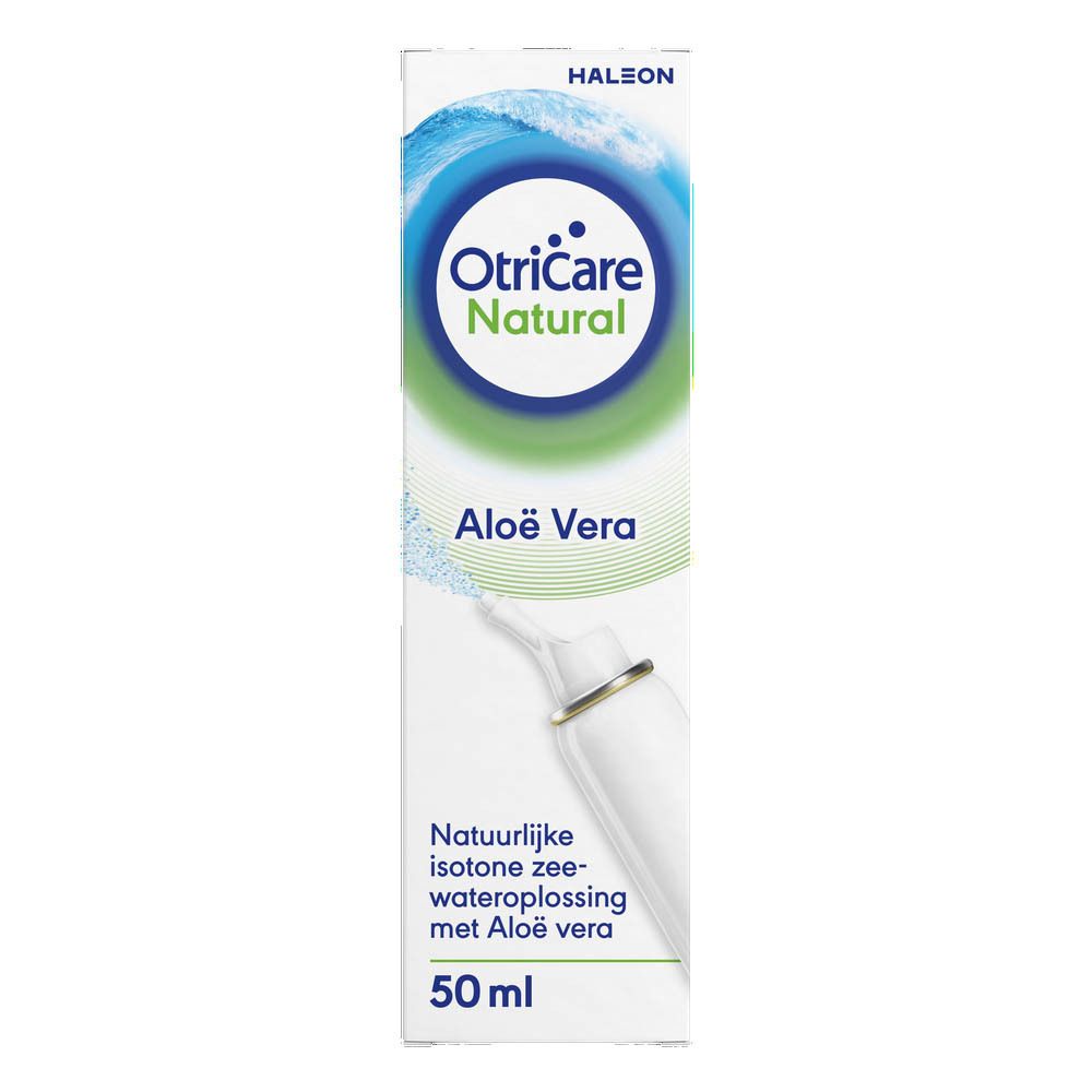 OtriCare Natural Aloe Vera neusspray en verpakking. Witte verpakking met blauwgroen design.