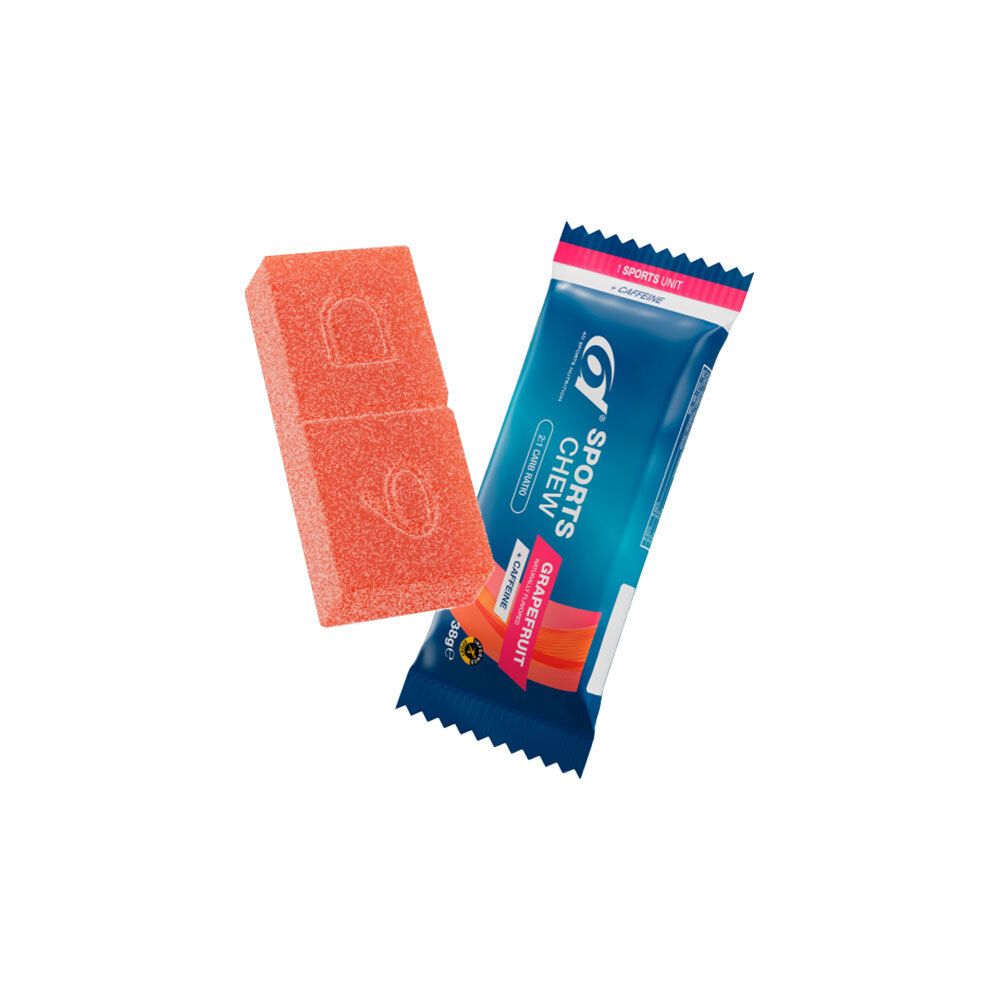 Deux gommes sportives oranges et un emballage bleu avec l'inscription "Sports Chew Caffeine Grapefruit".