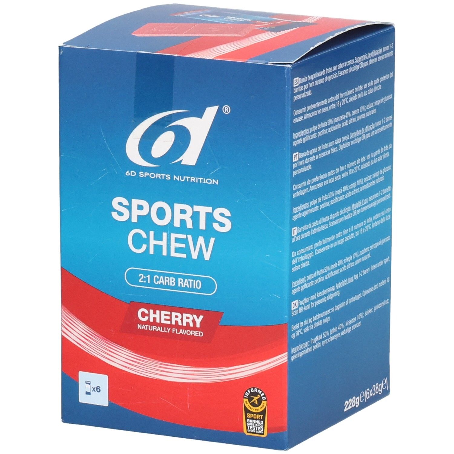 Blauw-rode kartonnen verpakking. Opschrift: 6D SPORTS NUTRITION, SPORTS CHEW, 2:1 CARB RATIO, CHERRY. Met 6 x 38g. Zegel.