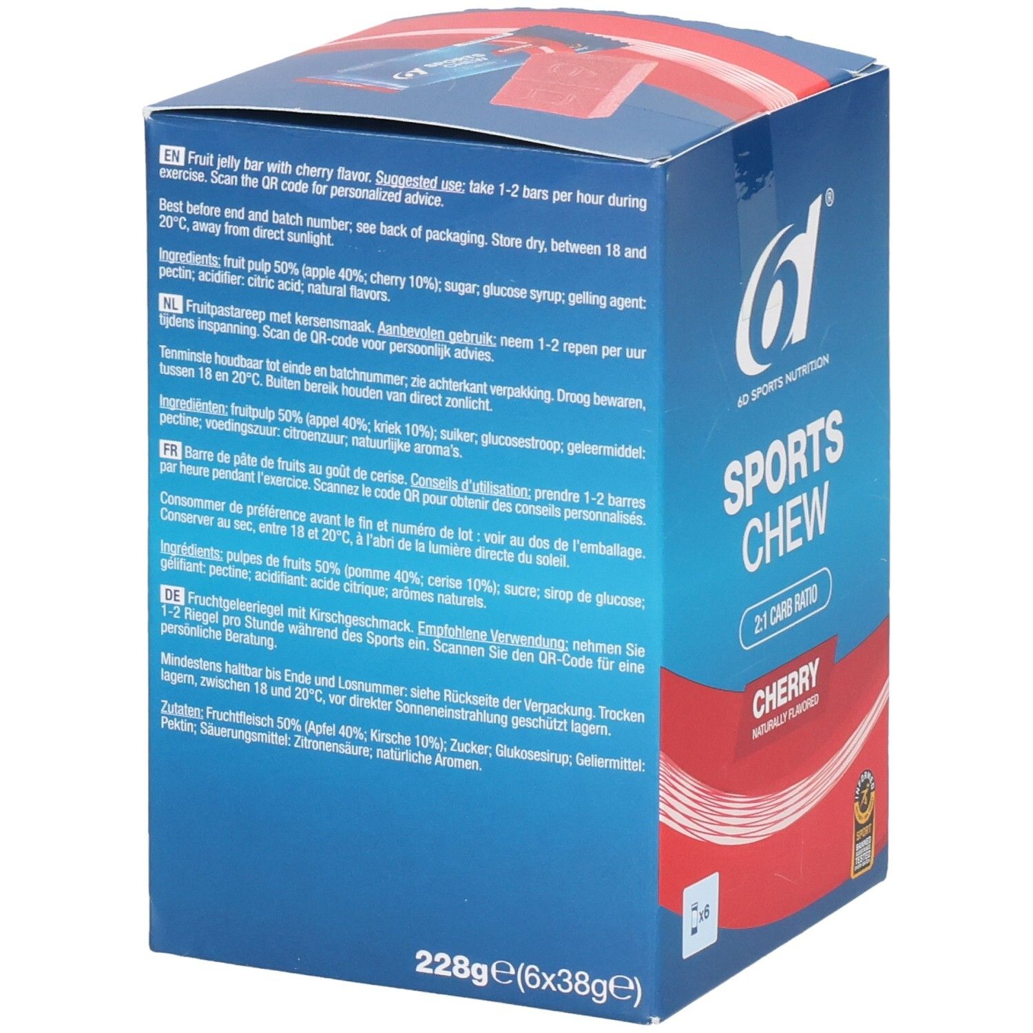 Achterkant van de kartonnen verpakking. Tekst in meerdere talen. Bevat ingrediënten en voedingswaarde-informatie. QR-code. 228g (6x38g).