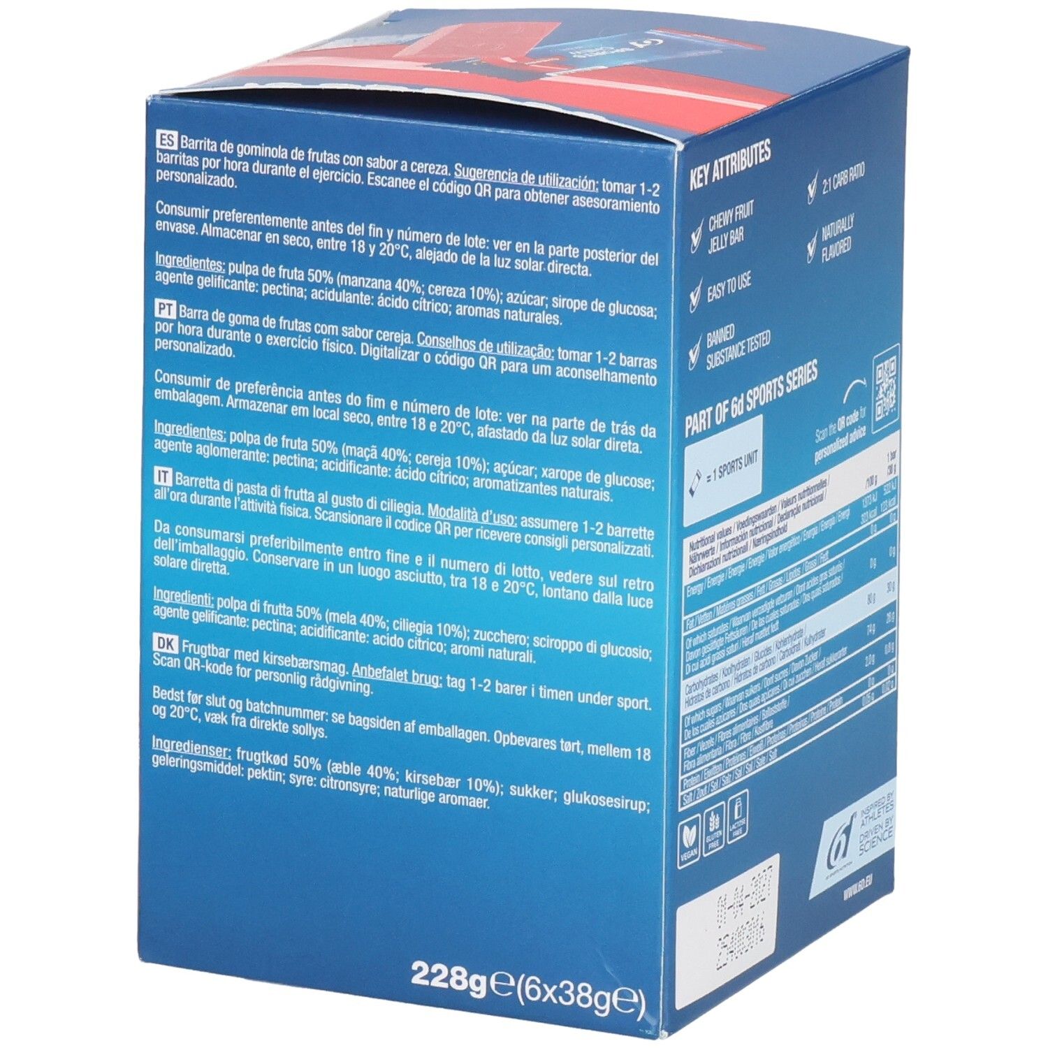 Zijkant van de kartonnen verpakking. Tekst in meerdere talen. Bevat ingrediënten en voedingswaarde-informatie. QR-code. 228g (6x38g).