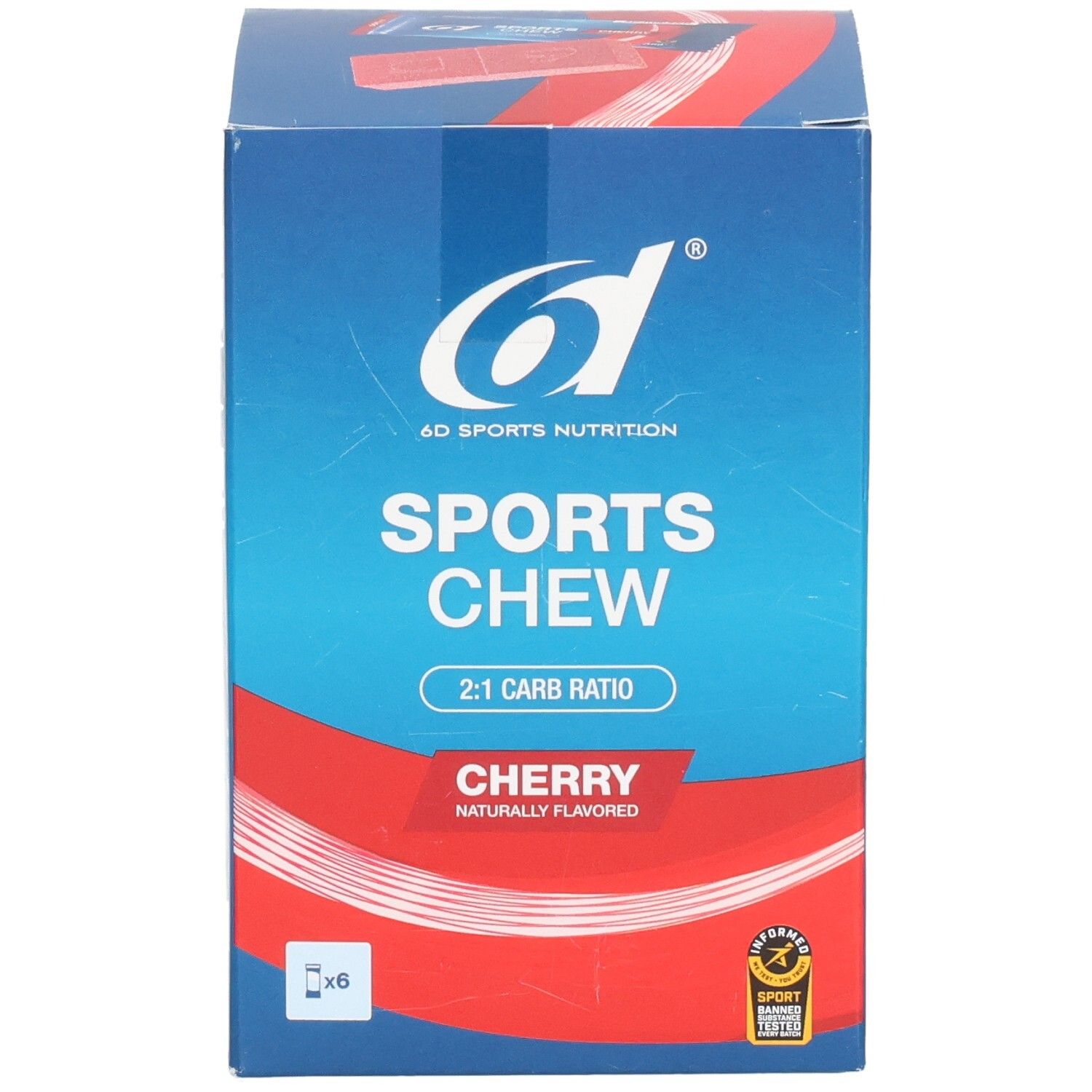 Blauw-rode kartonnen verpakking. Opschrift: 6D SPORTS NUTRITION, SPORTS CHEW, 2:1 CARB RATIO, CHERRY. Met 6 x. Zegel.
