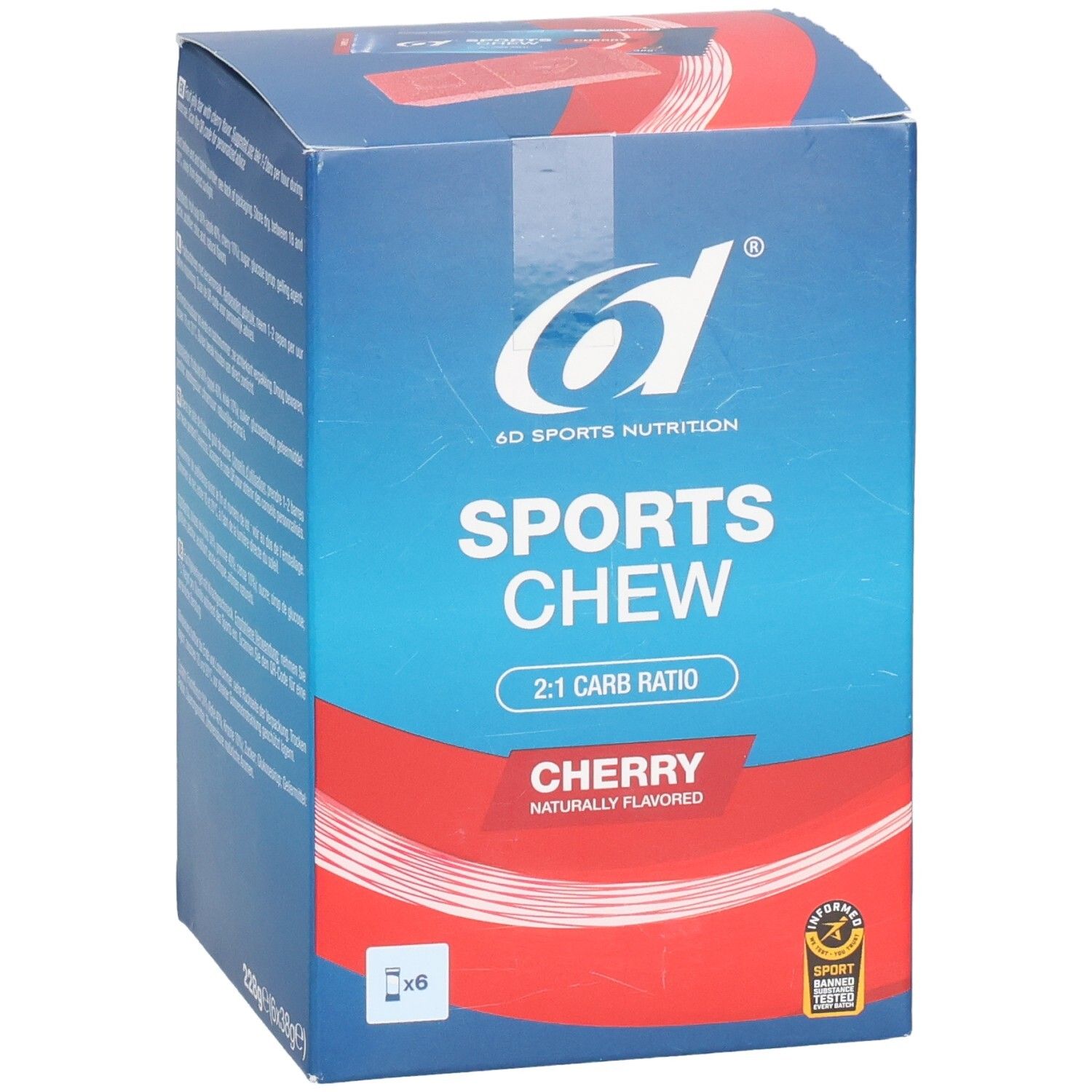 Schuine weergave van de kartonnen verpakking. Opschrift: 6D SPORTS NUTRITION, SPORTS CHEW, 2:1 CARB RATIO, CHERRY. Met 6 x. Zegel.