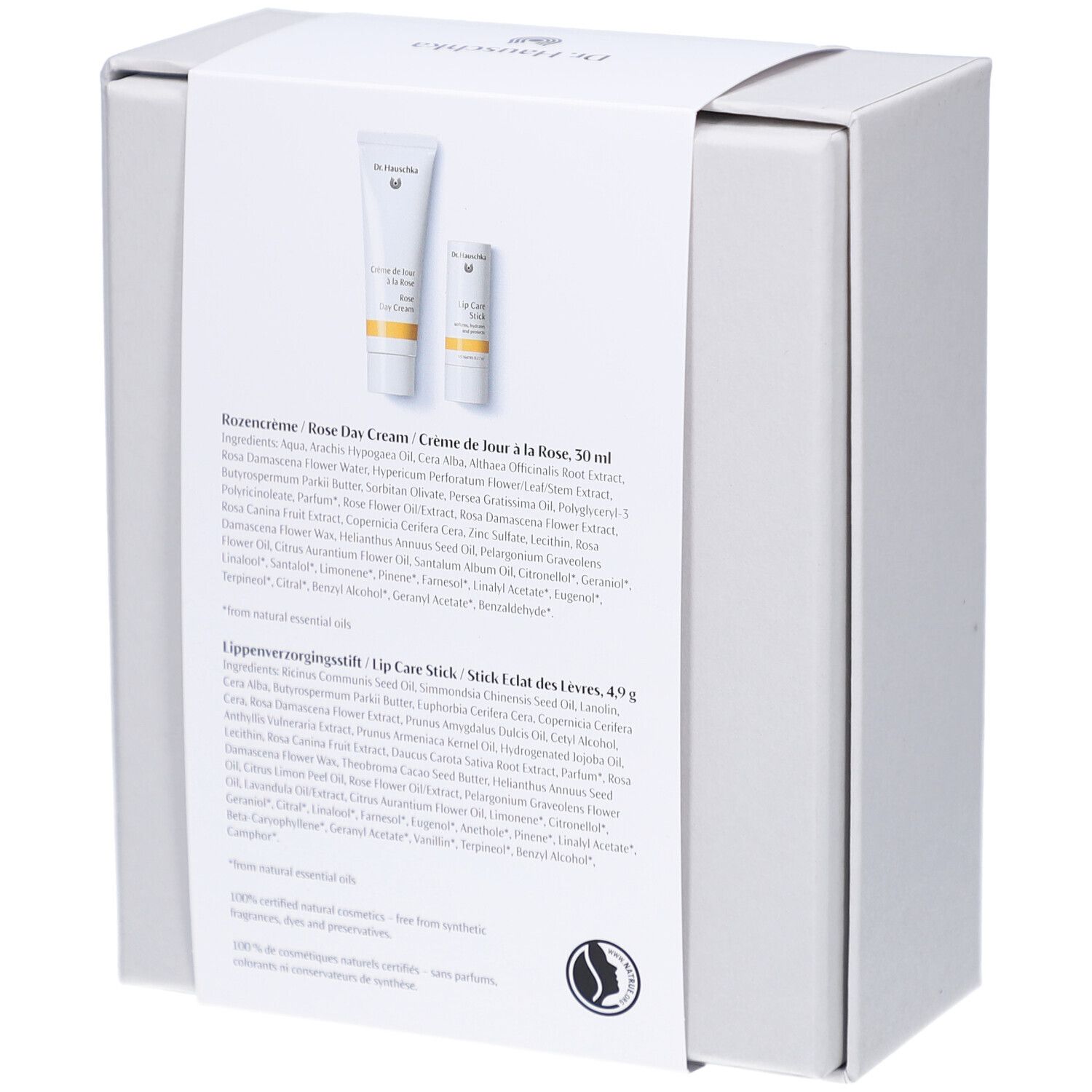 Achterkant van de witte doos. Tekst met ingrediënten en certificering. Twee producten afgebeeld.