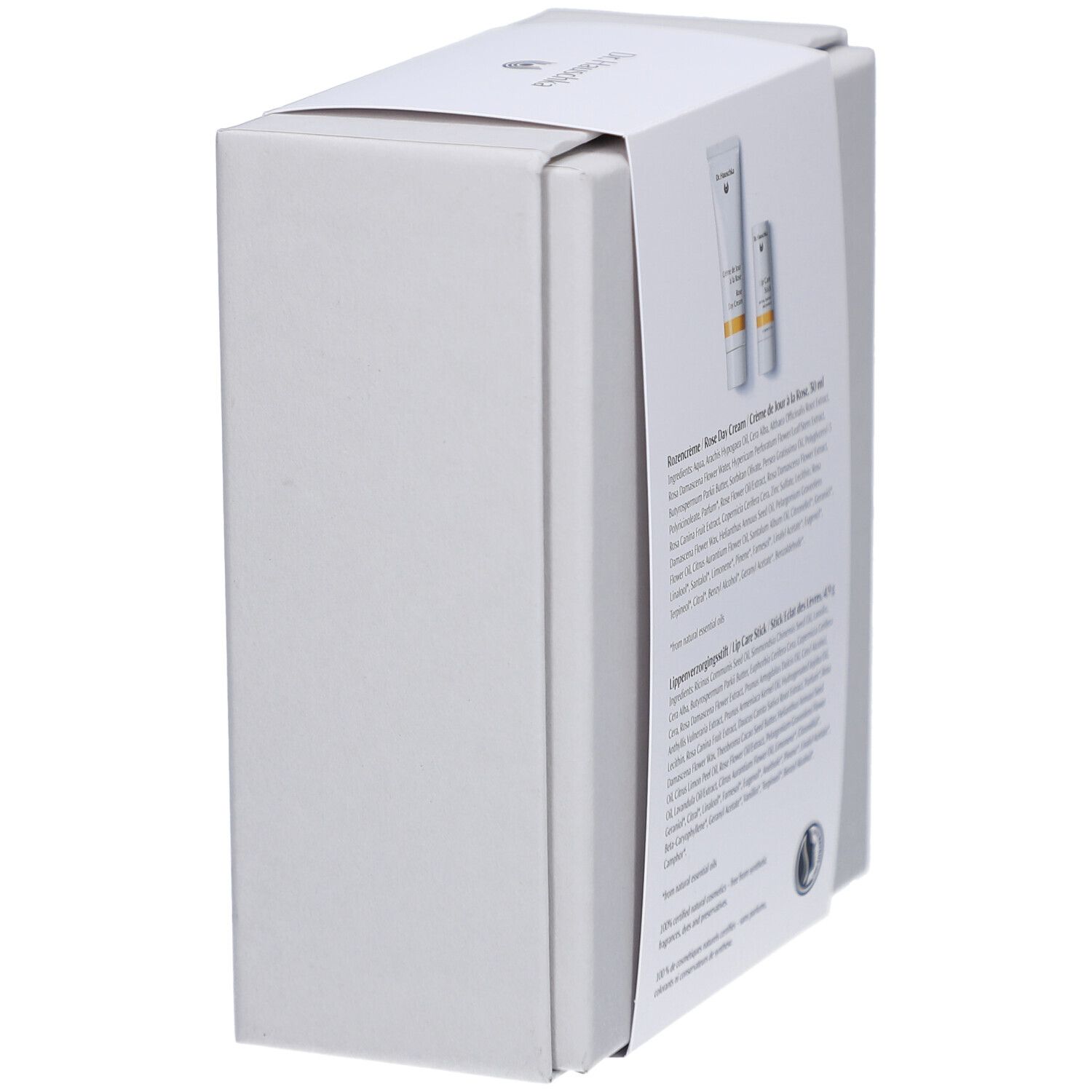 Witte doos, zijaanzicht. Etiket met tekst en twee afgebeelde producten.