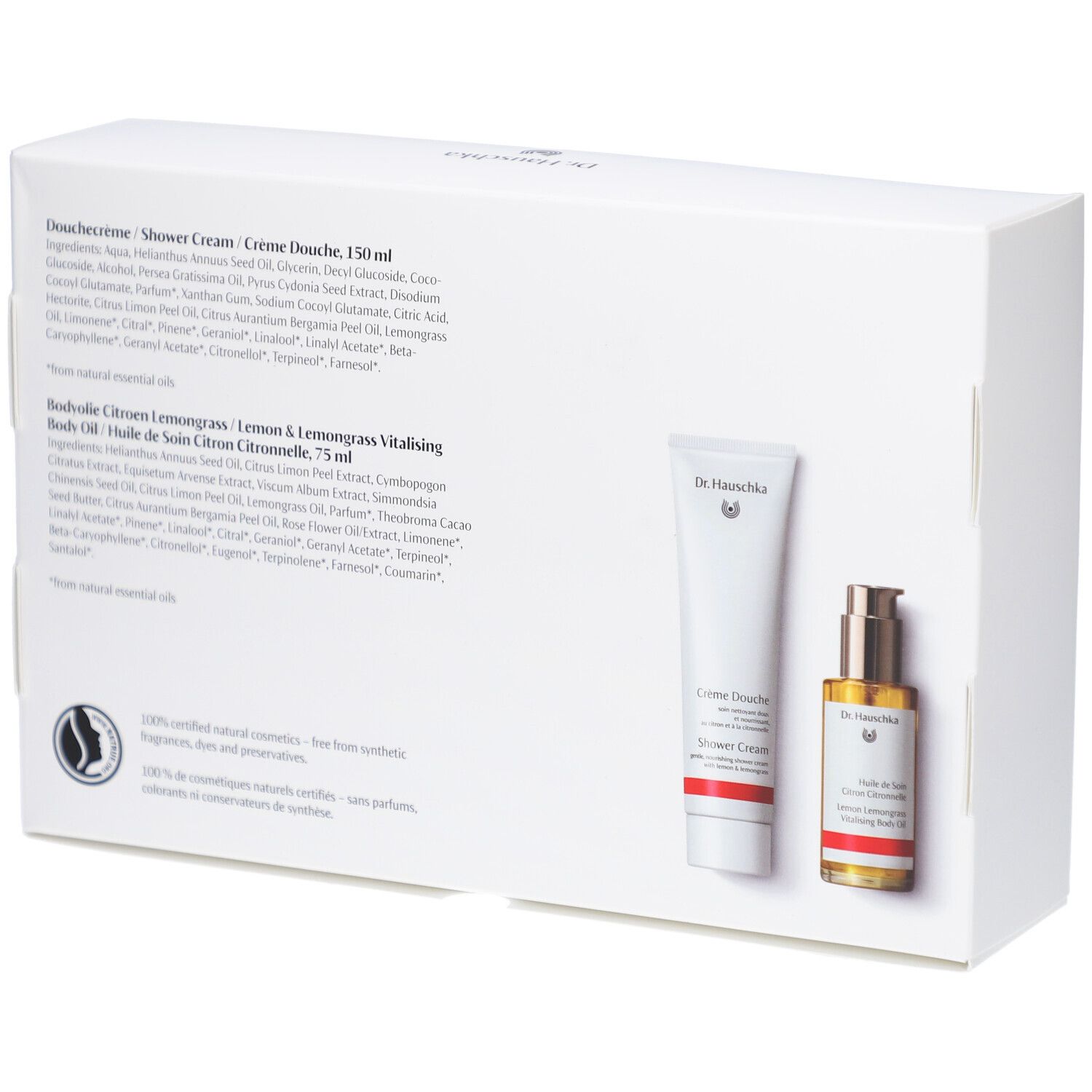 Achterkant van de geschenkverpakking met productinformatie. Bevat: Crème Douche, Body Oil.