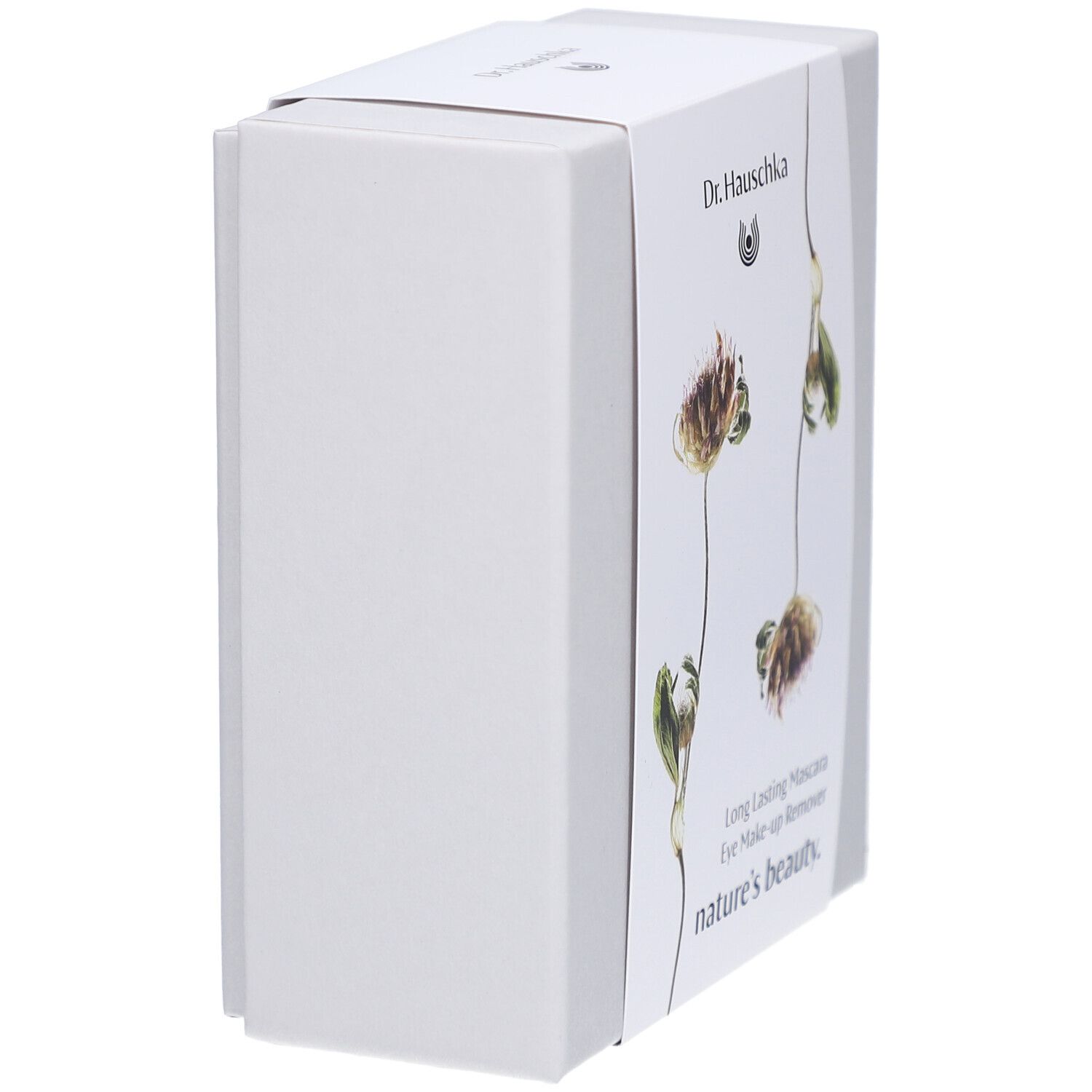 Witte doos, zijaanzicht. Opschrift: Dr. Hauschka, Long Lasting Mascara, Eye Make-up Remover, nature's beauty.