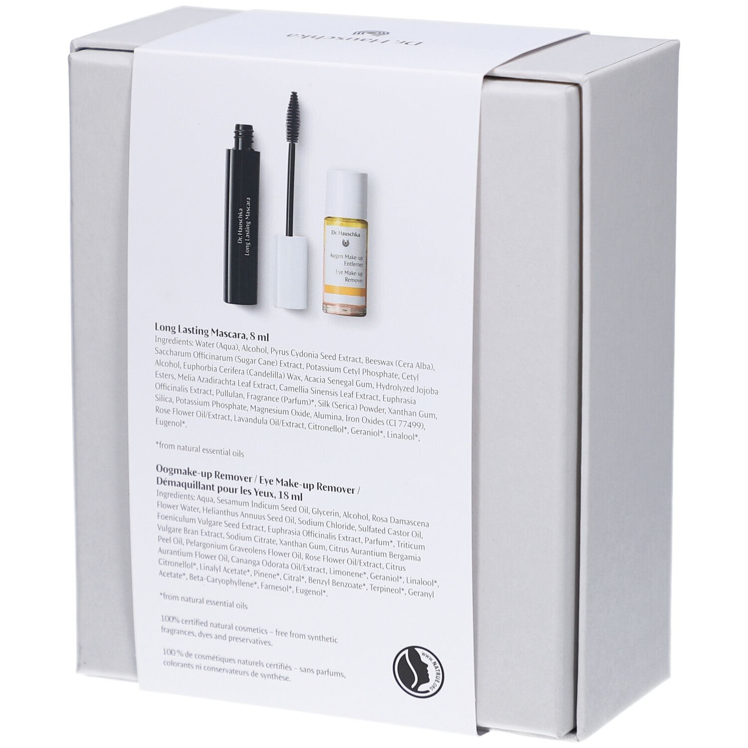 Achterkant van de verpakking met productinformatie. Bevat mascara en oogmake-up remover. Tekst in het Duits.