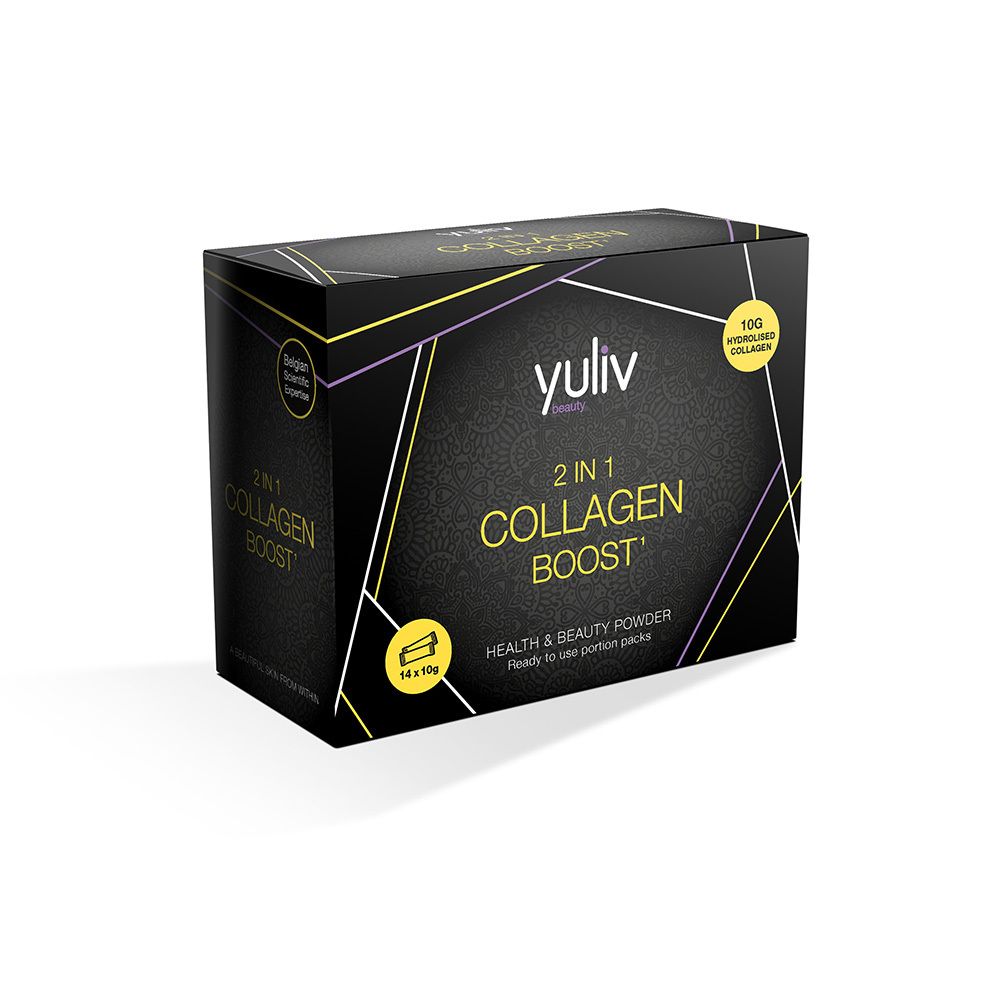 Boîte noire Yuliv 2 en 1 Collagen Boost. 14 x 10g portions. Contient du collagène hydrolysé. Health & Beauty.