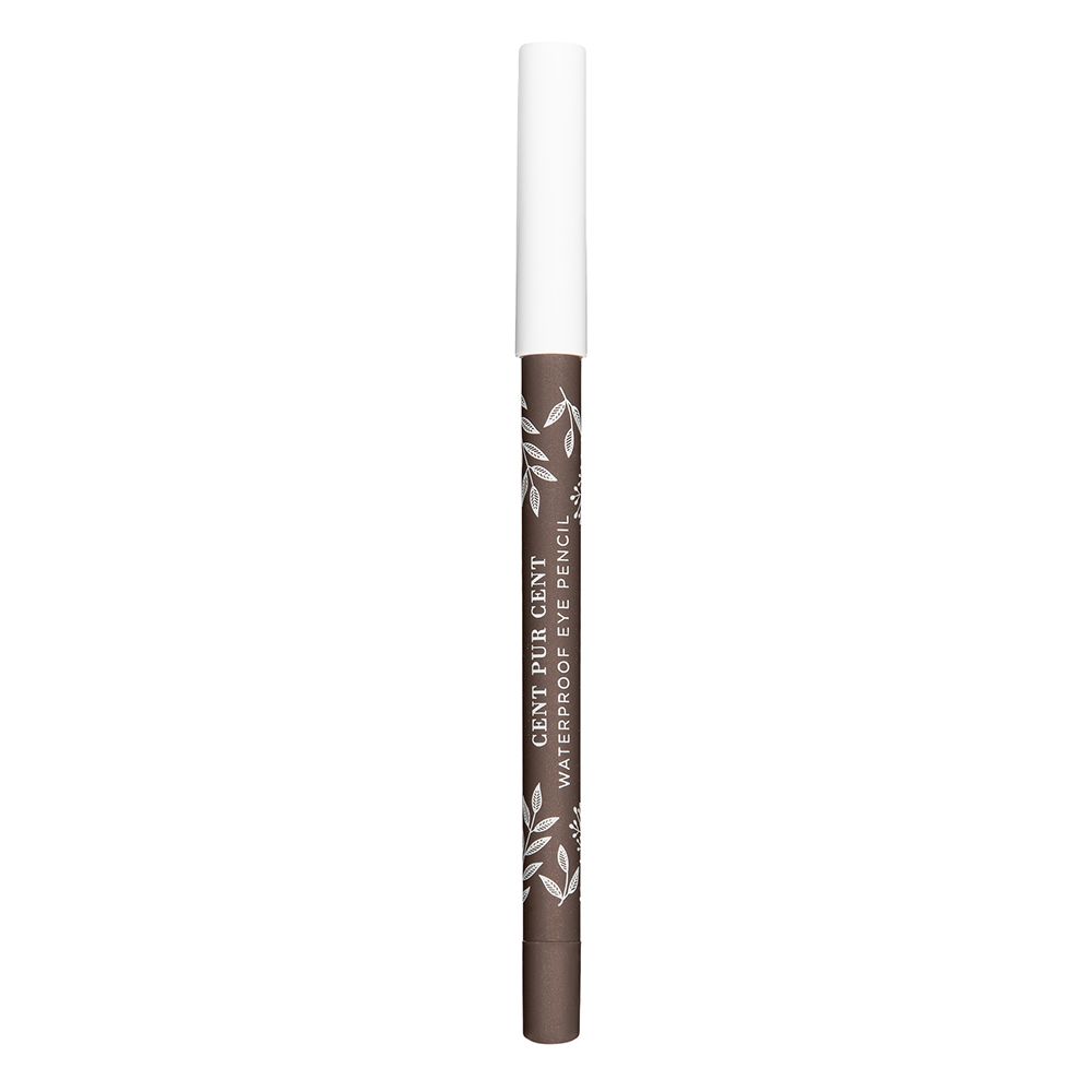 Oogpotlood. Bruin, witte dop. Opschrift: "CENT PUR CENT WATERPROOF EYE PENCIL".