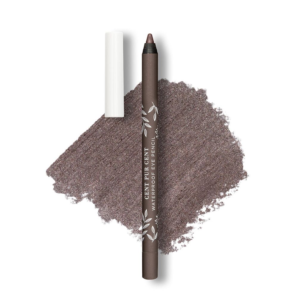 Oogpotlood en kleurensample. Potlood: bruin, witte dop. Opschrift: "CENT PUR CENT WATERPROOF EYE PENCIL".