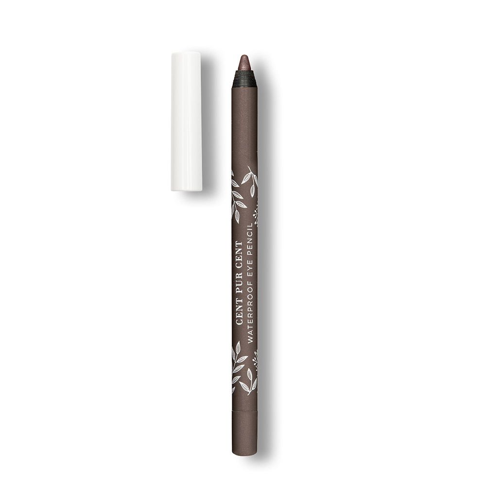 Crayon et échantillon de couleur. Crayon: marron, capuchon blanc. Inscription: "CENT PUR CENT WATERPROOF EYE PENCIL".