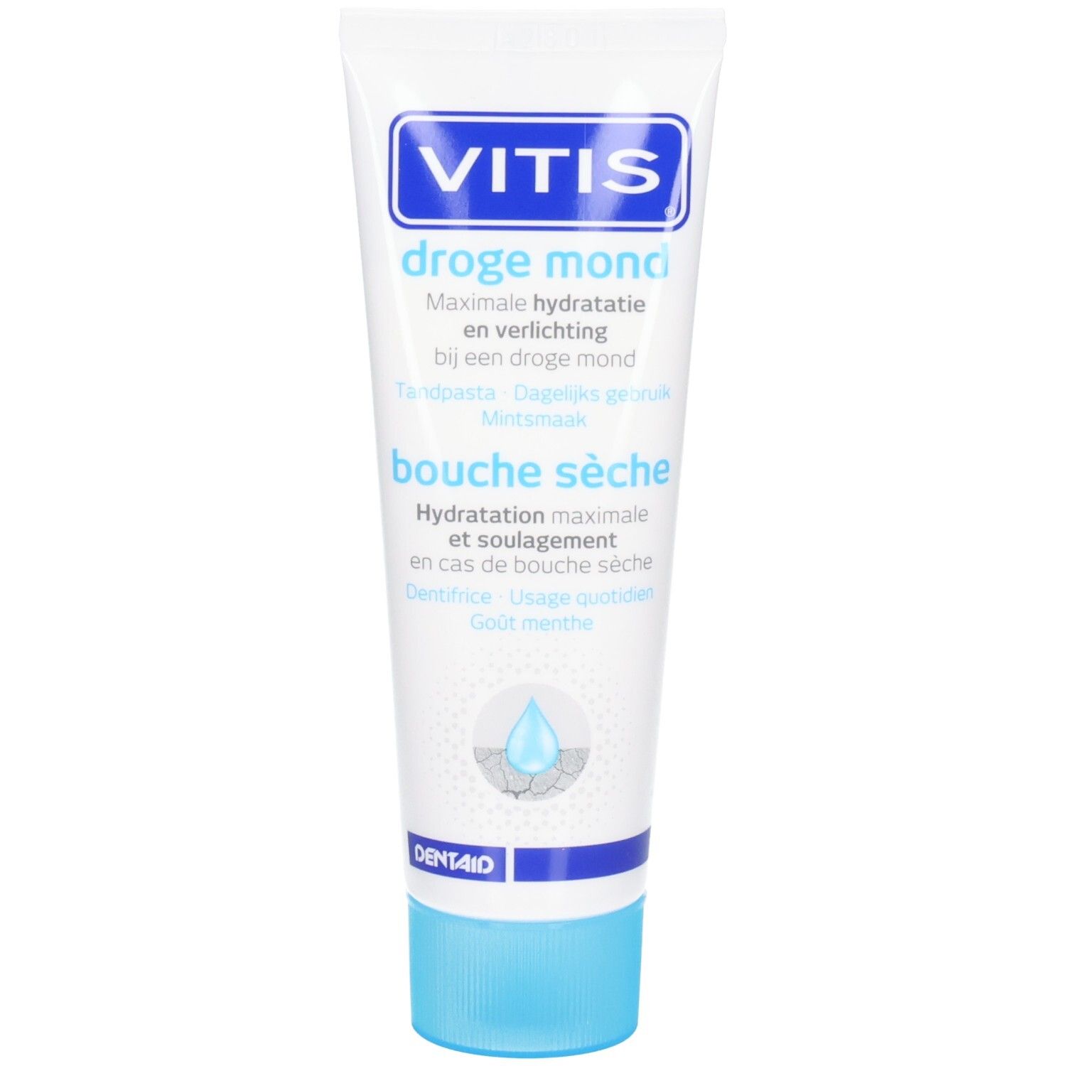 Tube de dentifrice Vitis pour bouche sèche, avec bouchon bleu.
