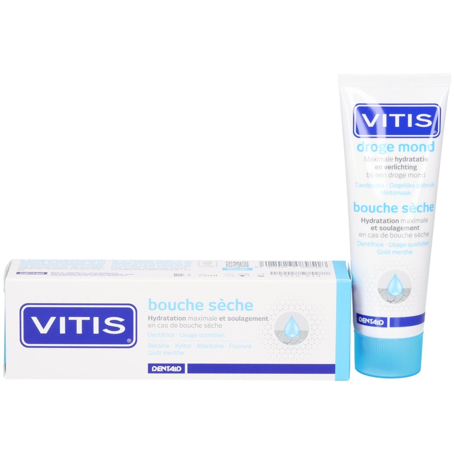 Tube de dentifrice Vitis et sa boîte pour bouche sèche.