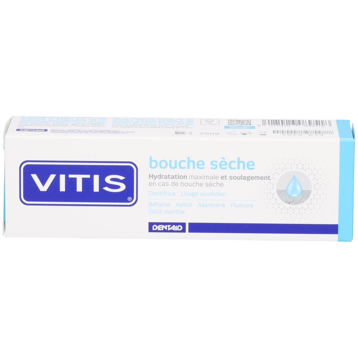 Face avant de la boîte de dentifrice Vitis pour bouche sèche.
