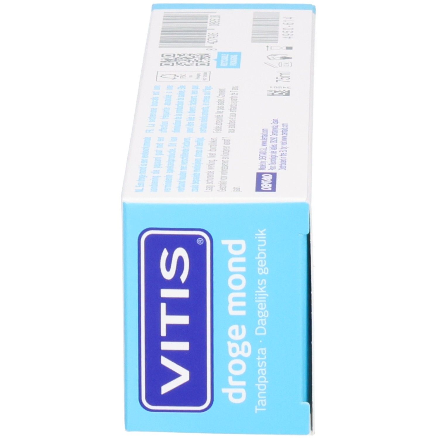 Vue latérale de la boîte de dentifrice Vitis pour bouche sèche.