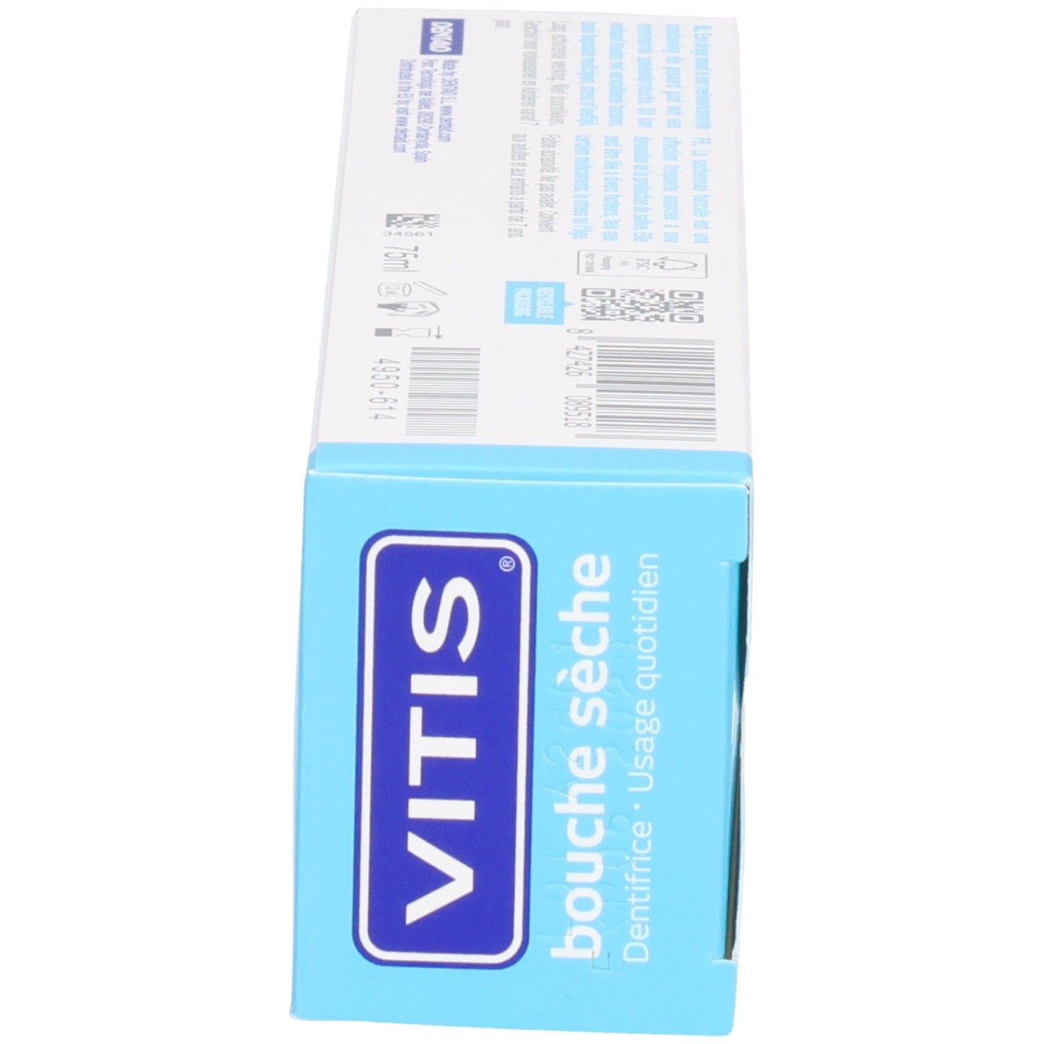 Face avant de la boîte de dentifrice Vitis pour bouche sèche, avec texte français.