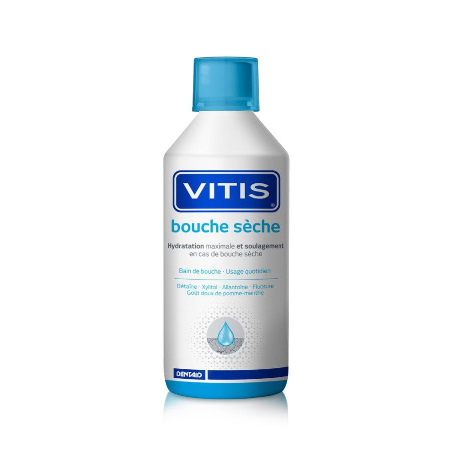 Vitis Bouche Sèche bain de bouche, bouteille blanche avec bouchon et étiquette bleus.