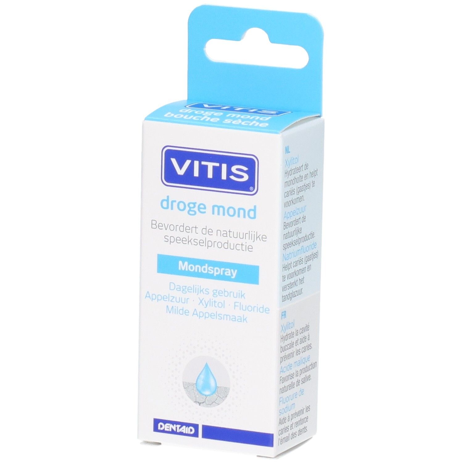 Vitis Droge Mond Mondspray kartonnen verpakking. Bevat informatie over ingrediënten en gebruik.